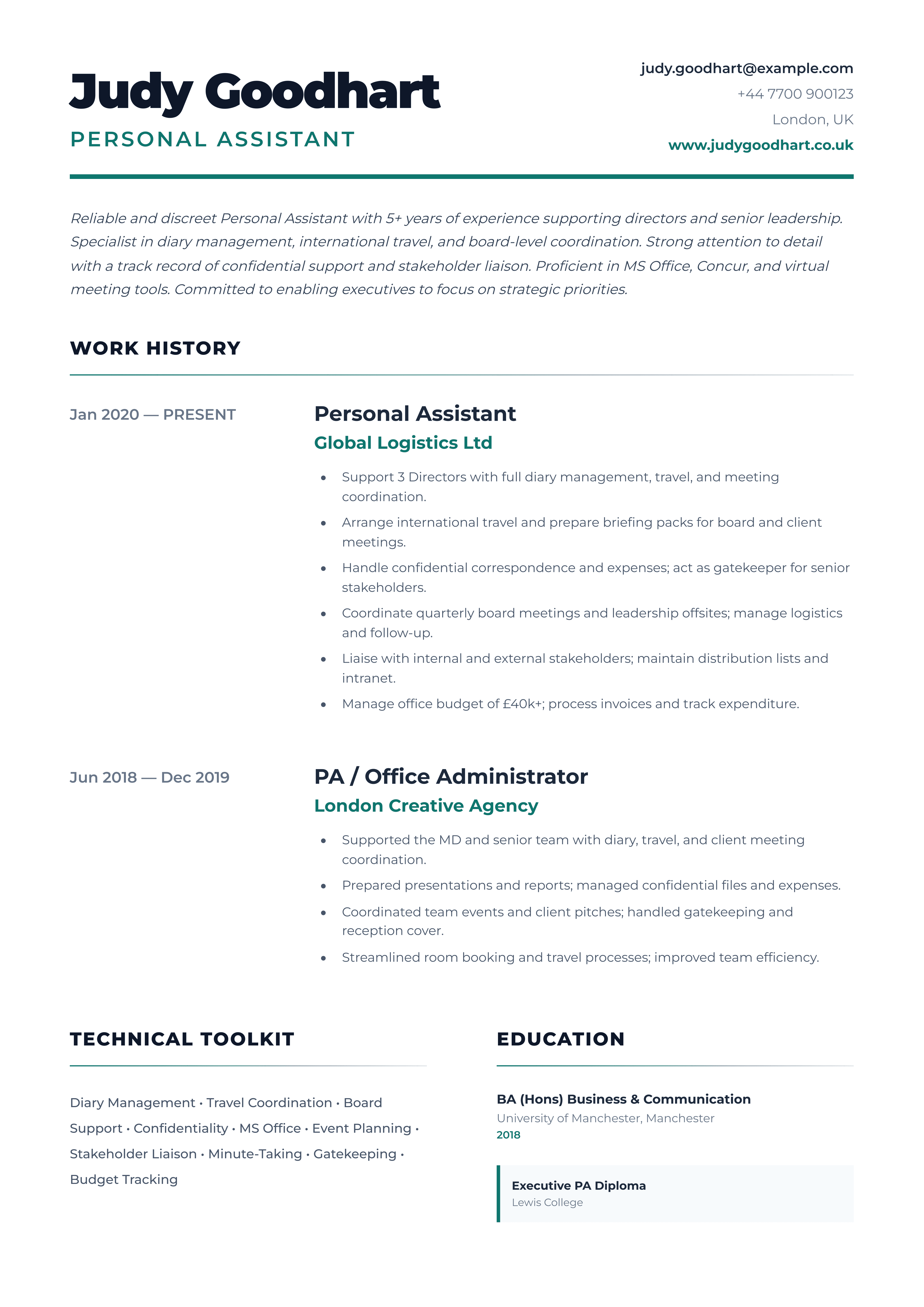 personal assistant cv template