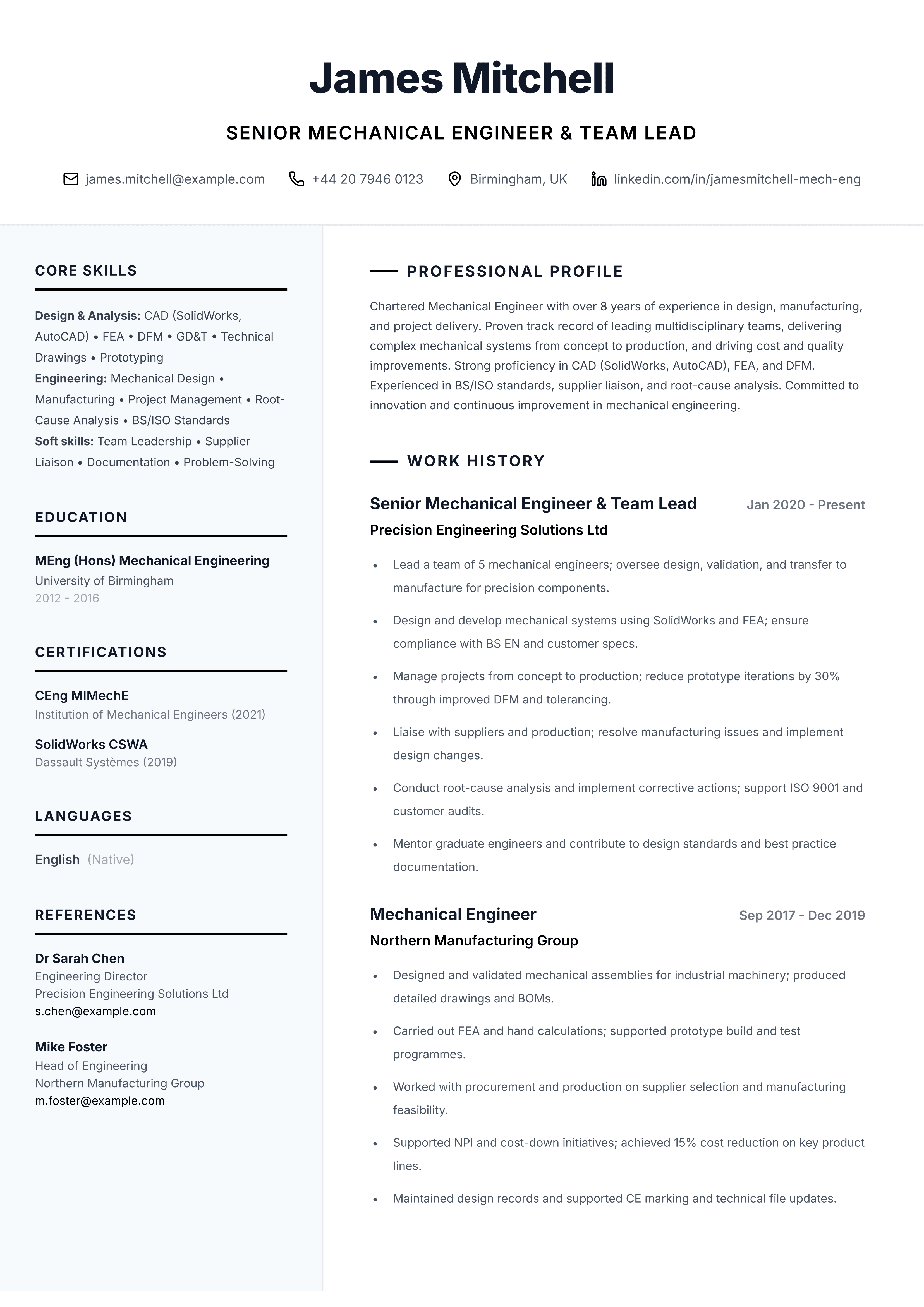 Senior Mech Eng Pro template