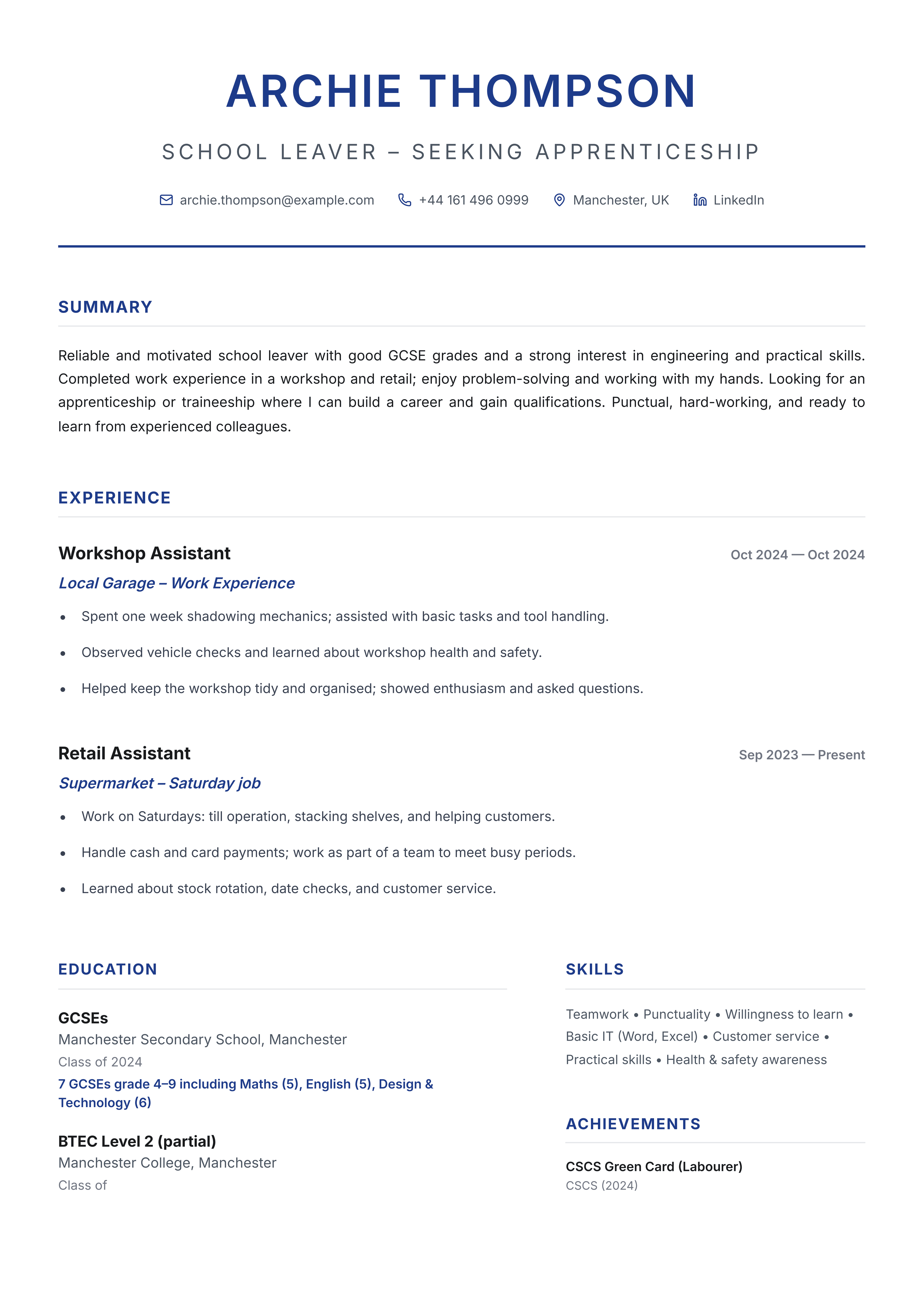 School Leaver (Apprenticeship) template