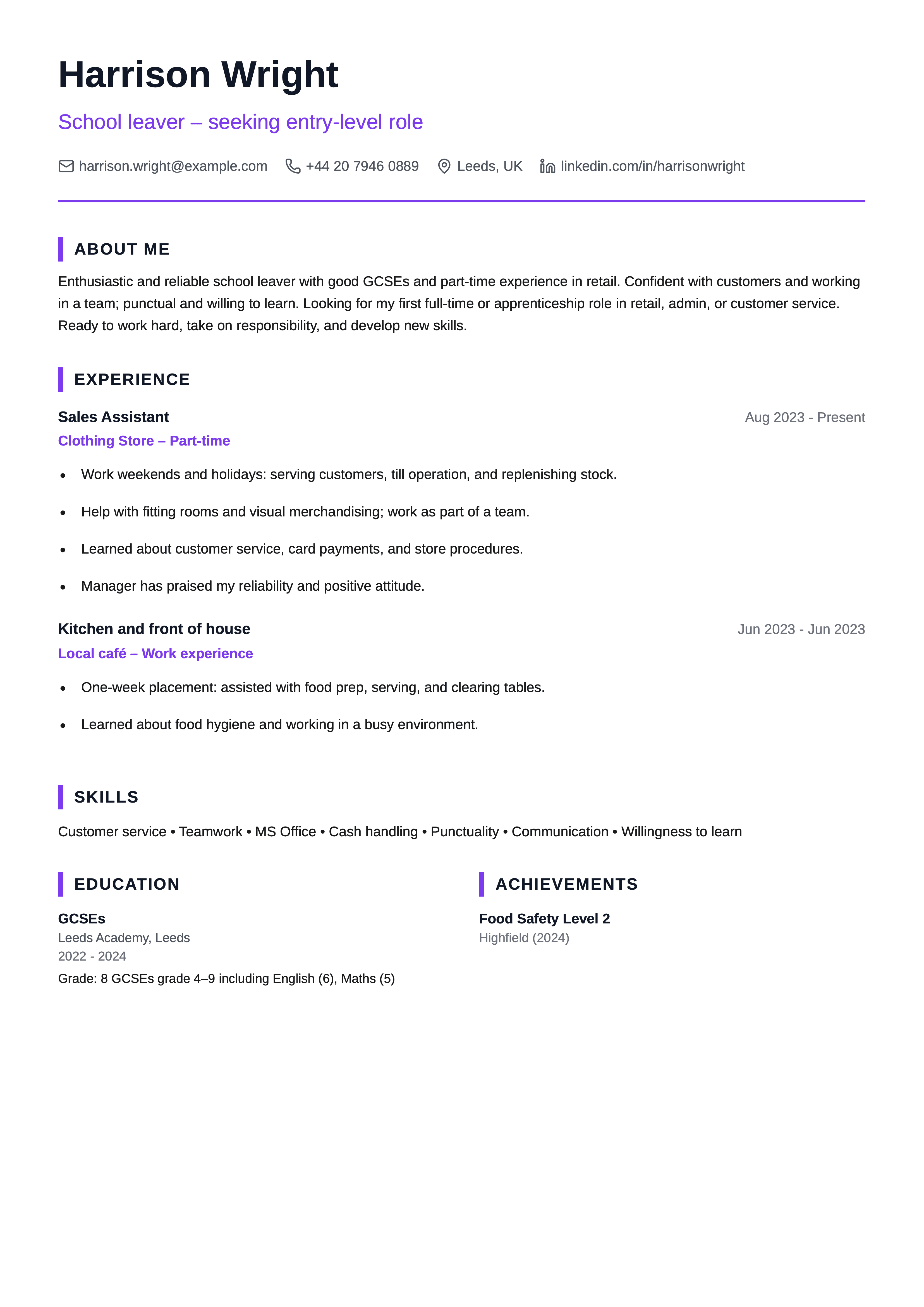 school leaver cv template