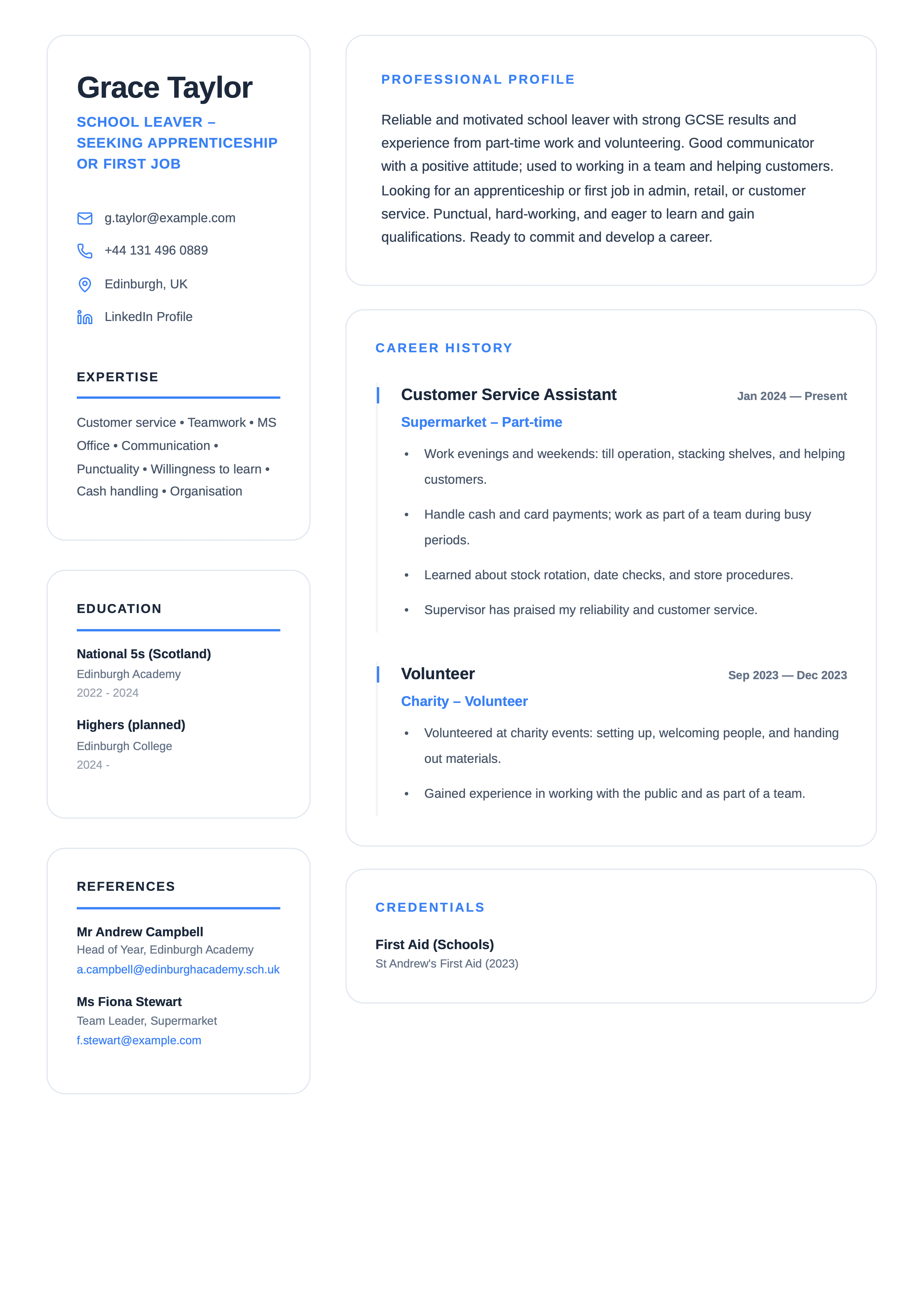 school leaver cv template