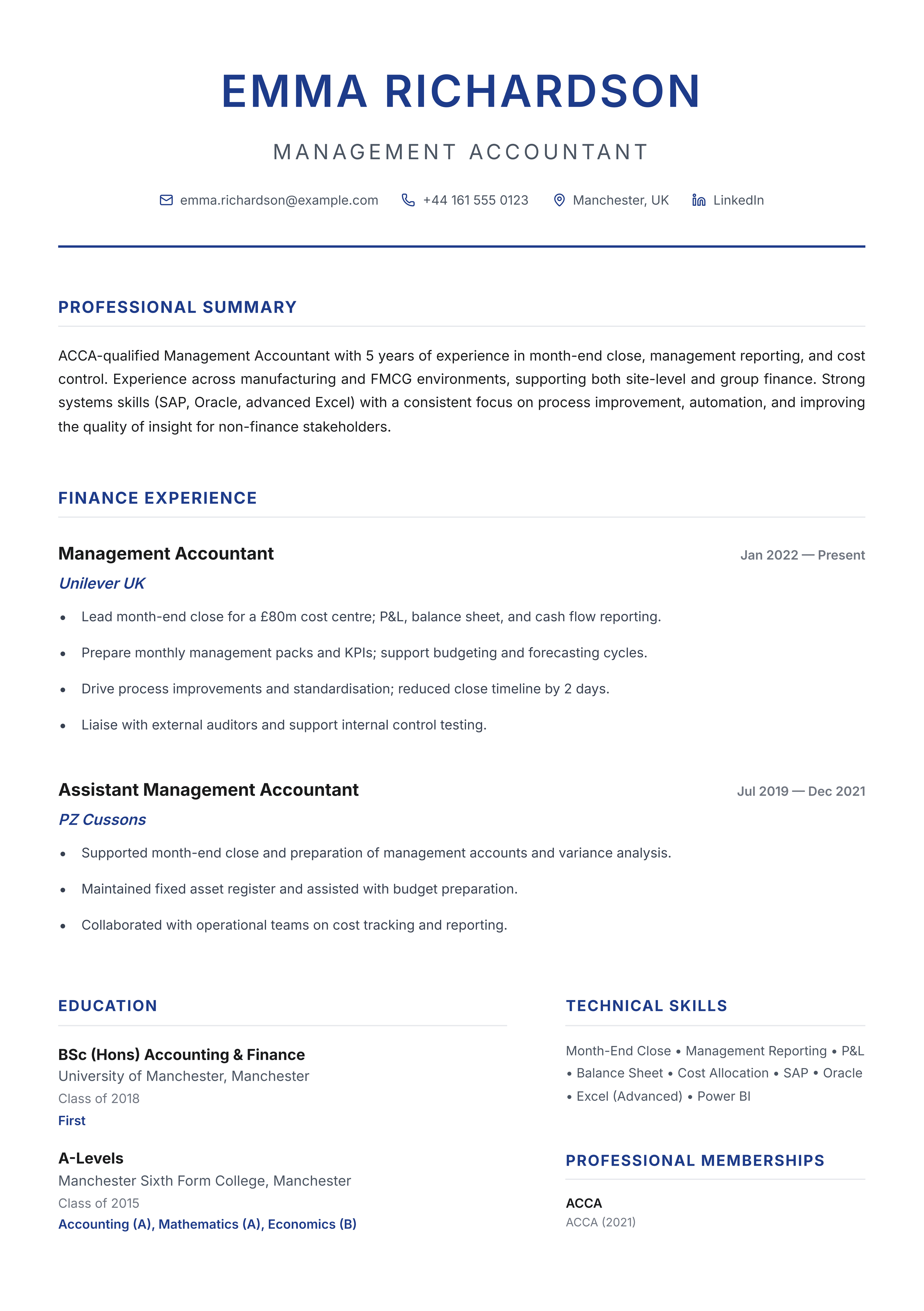 Finance CV template - Management Accountant