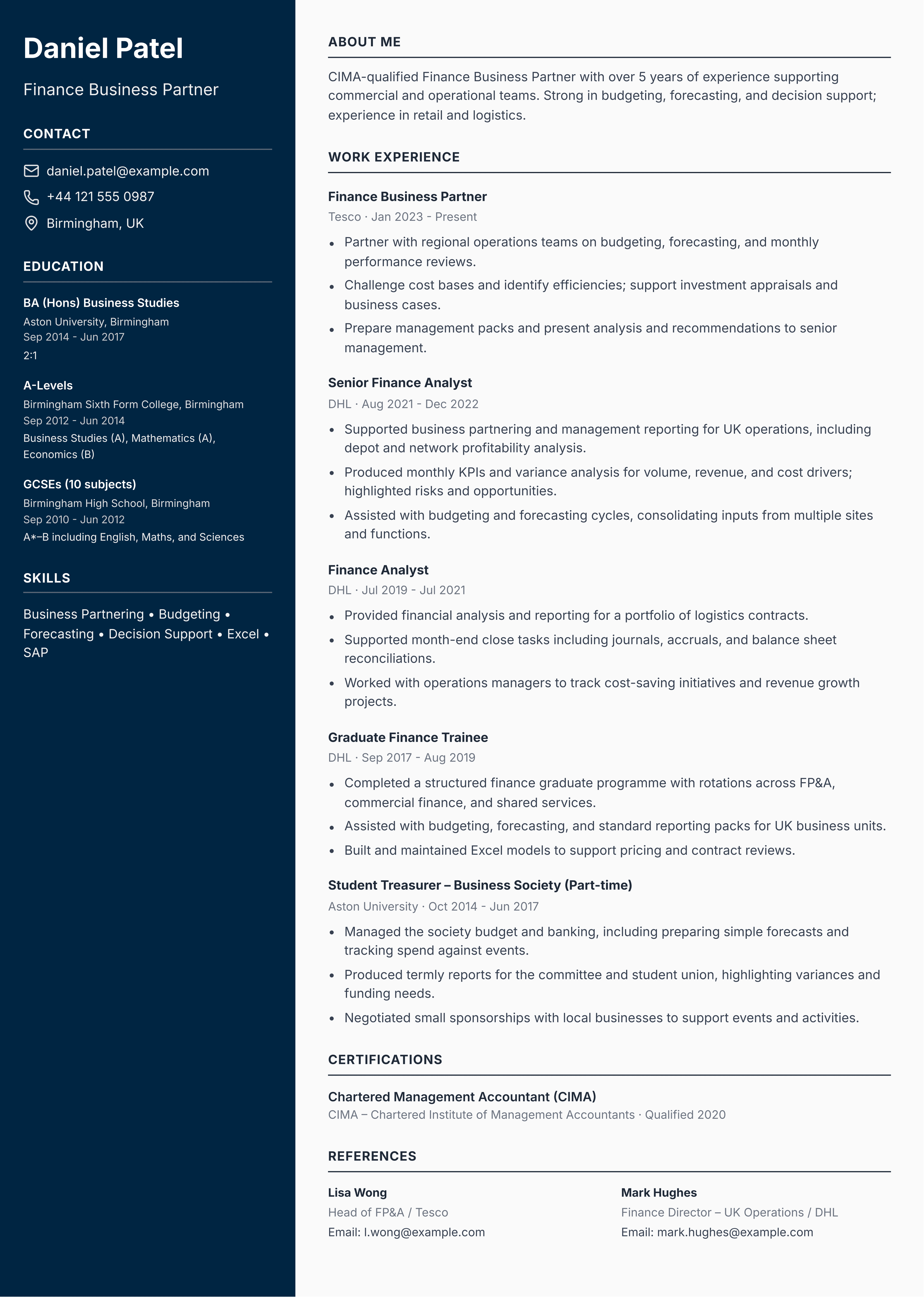 finance business partner cv template