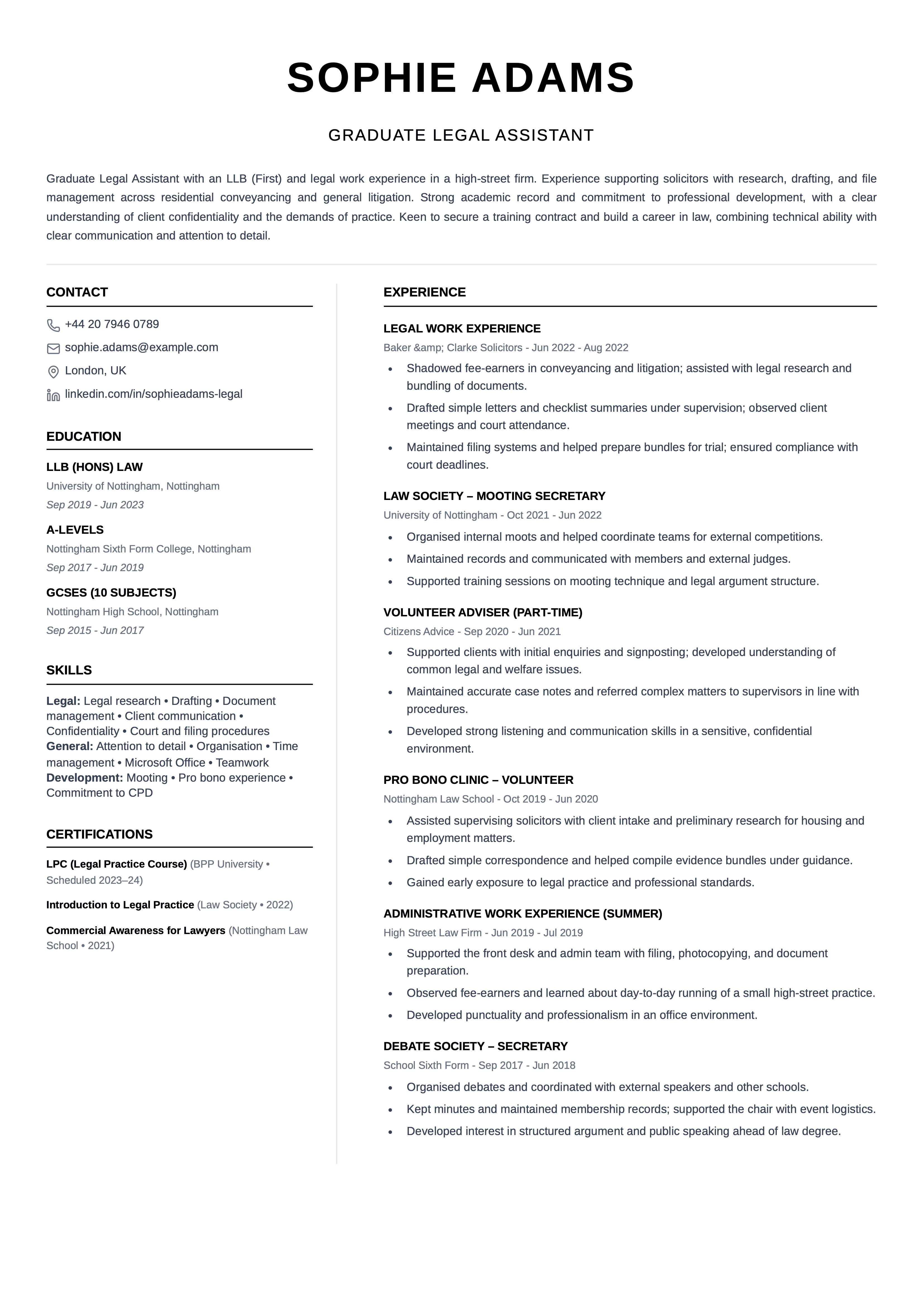 graduate legal cv template