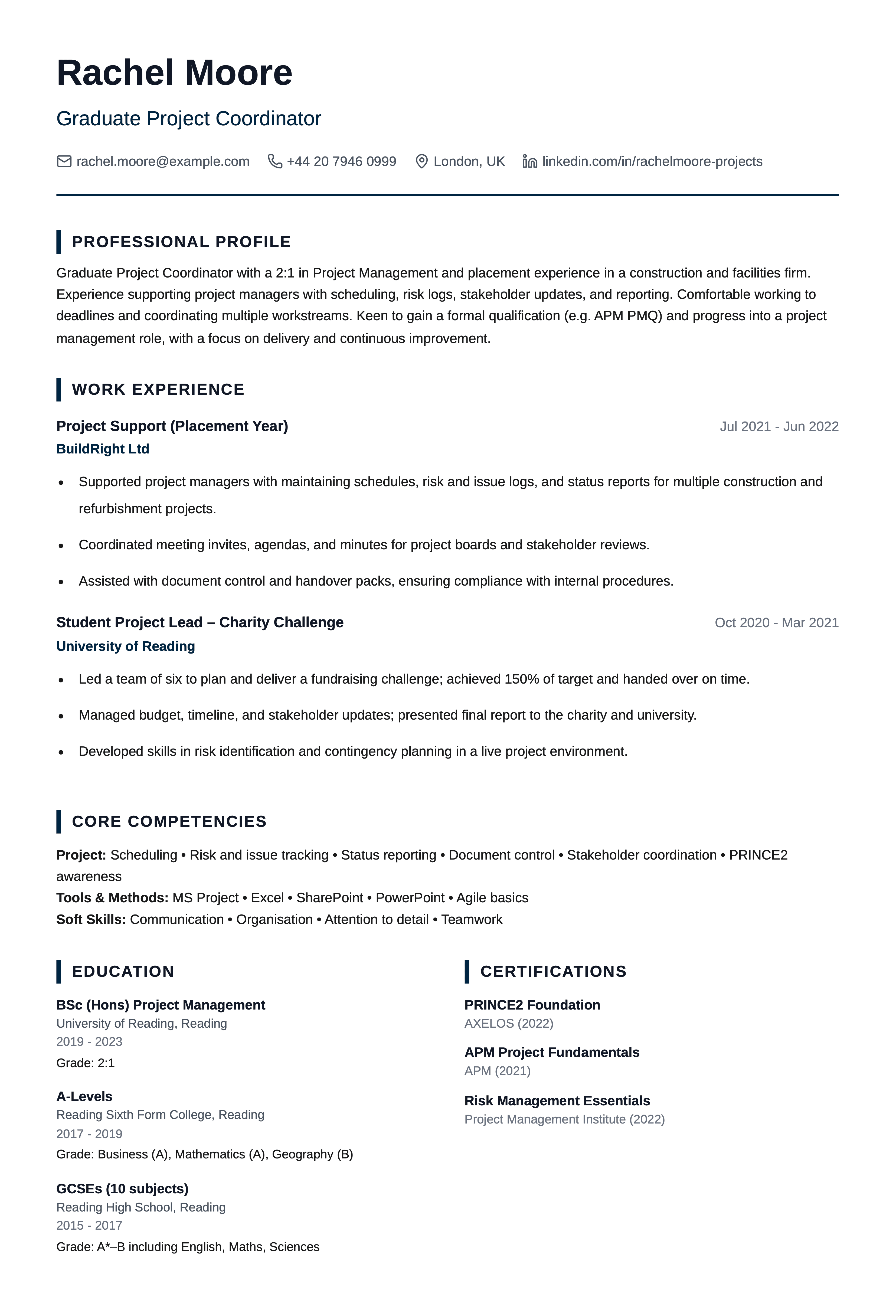 graduate project coordinator cv template