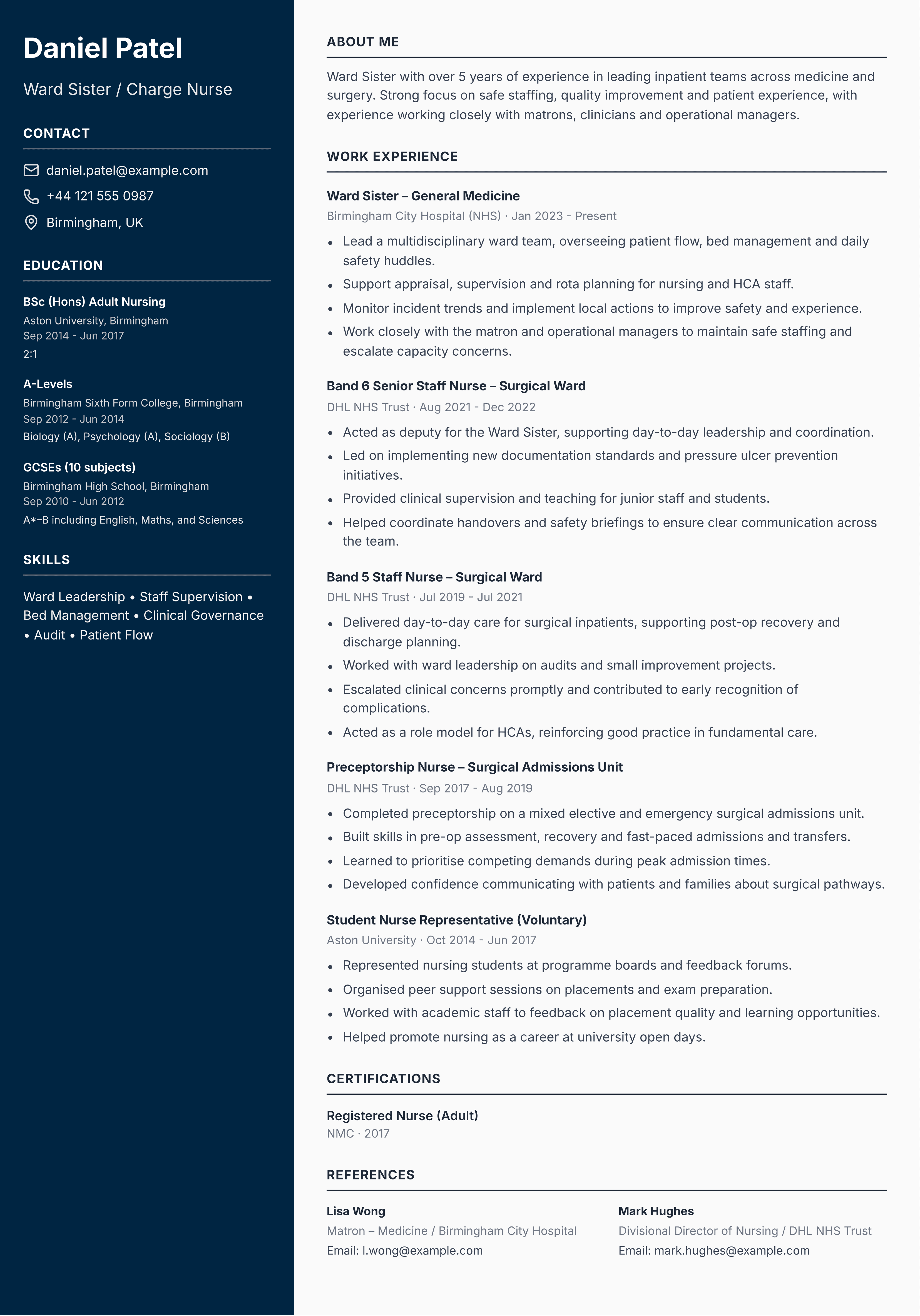 ward sister cv template