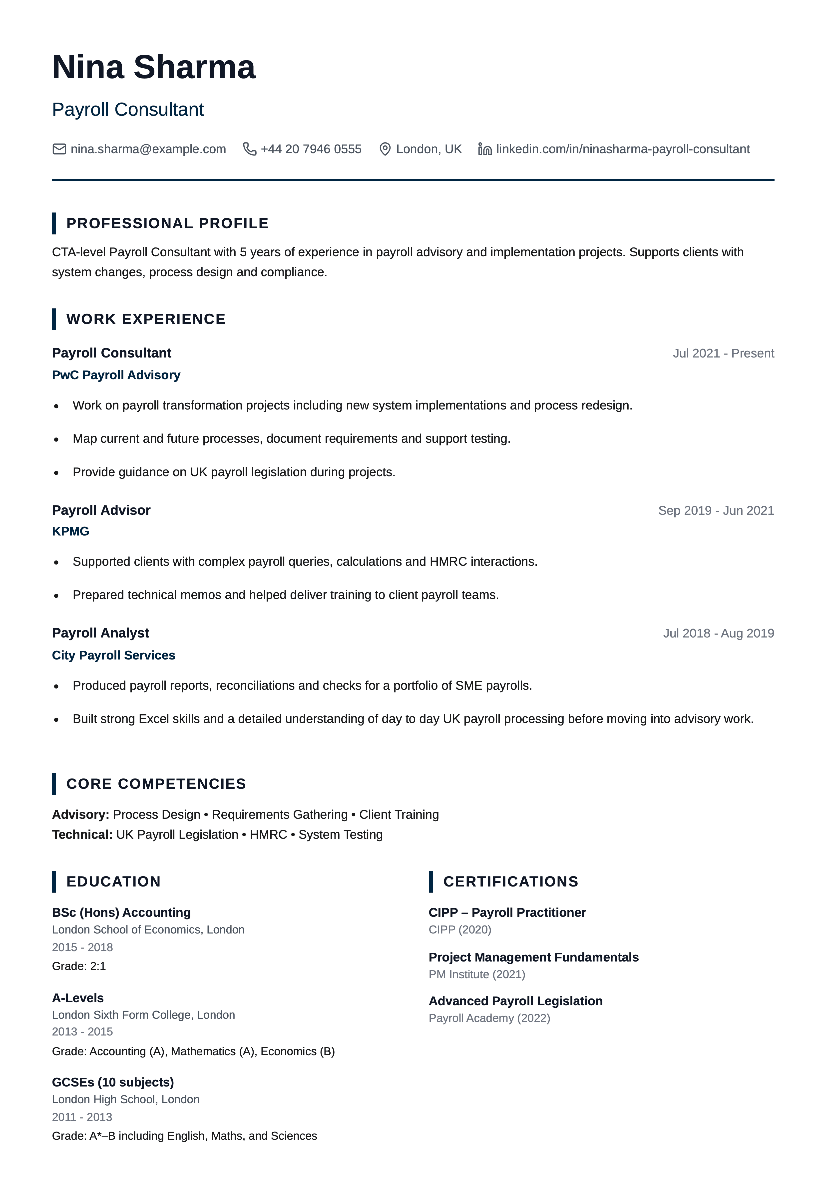 payroll consultant cv template