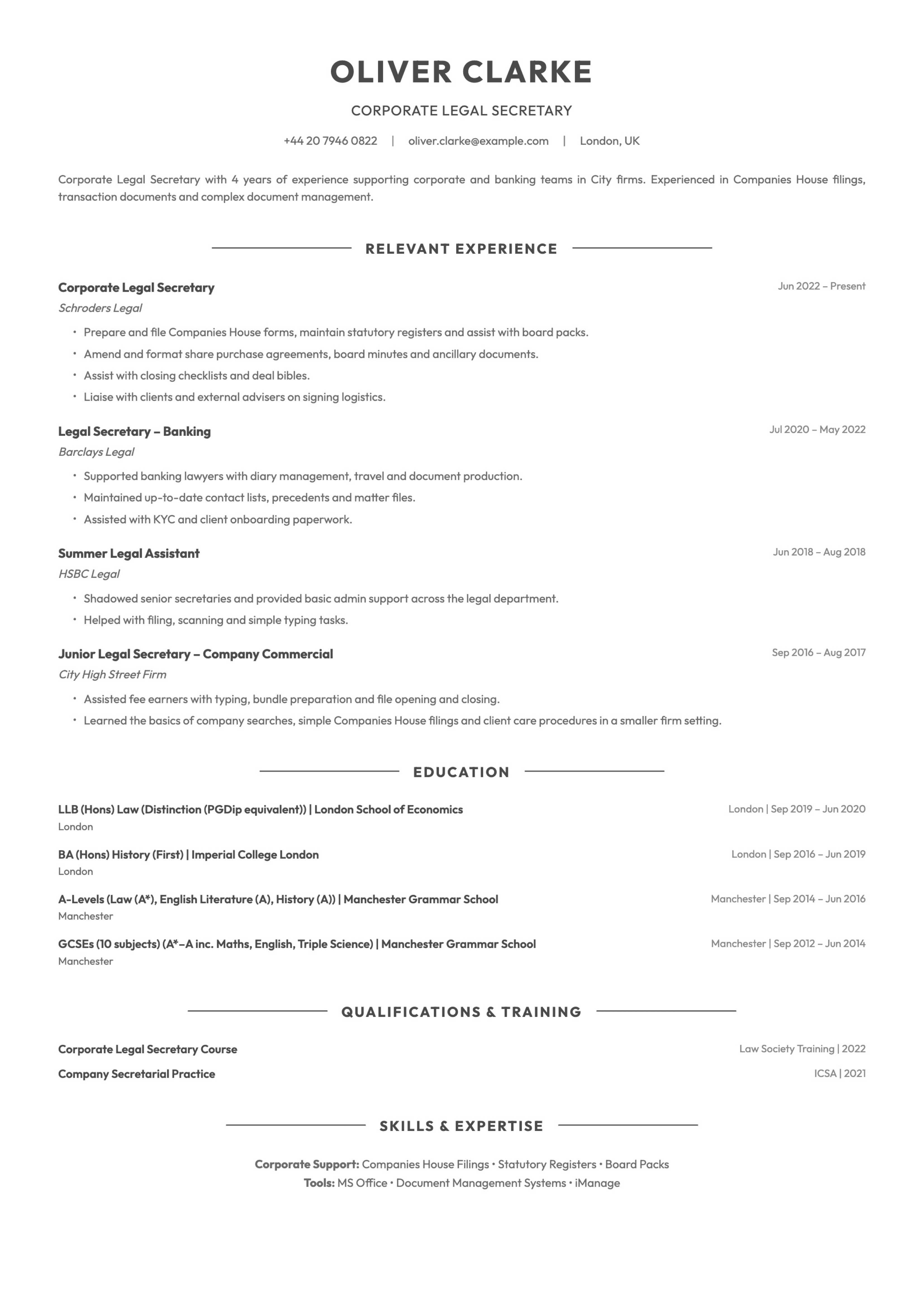 Corporate legal secretary cv template