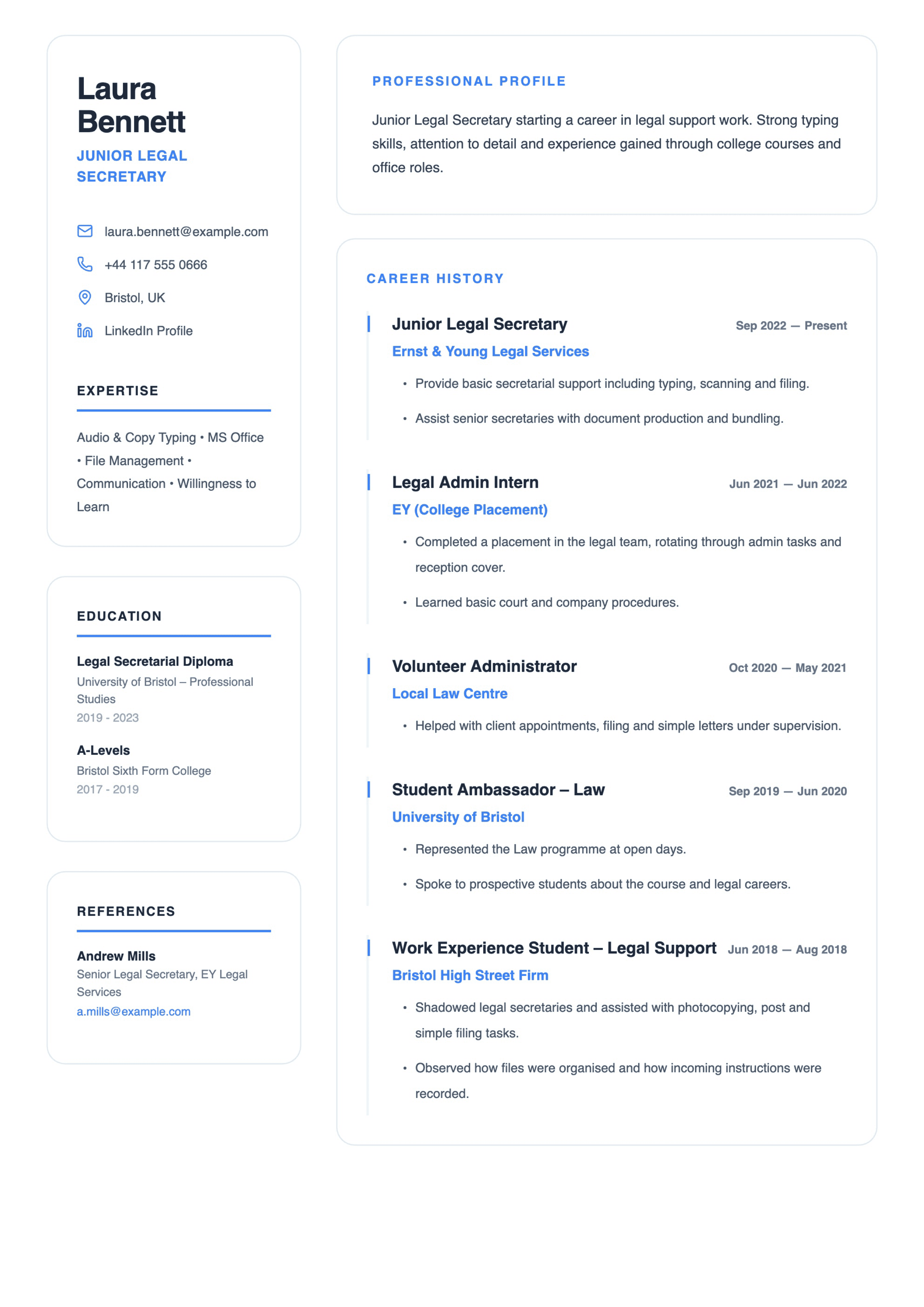 junior legal secretary cv template