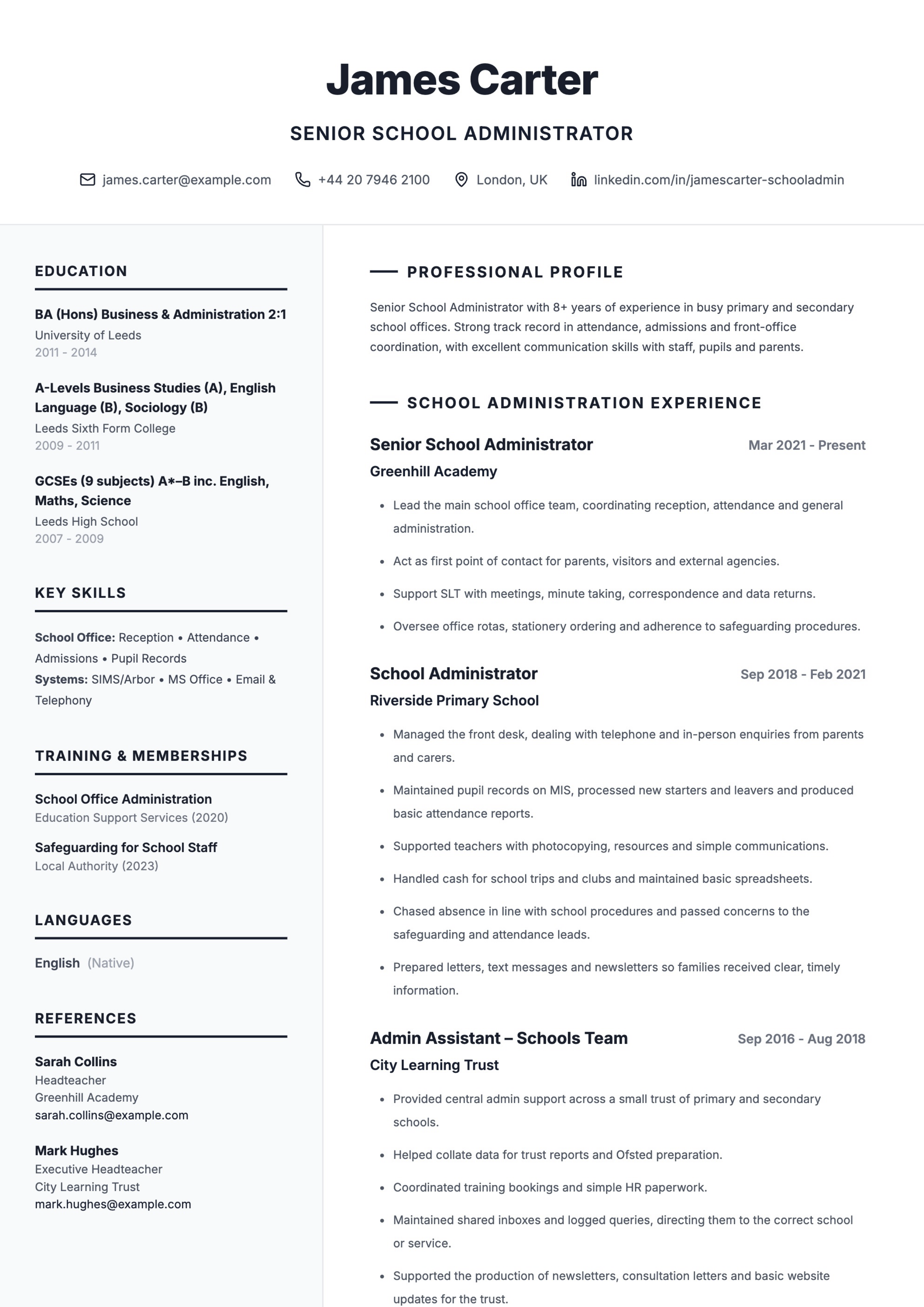 Senior school administrator CV template