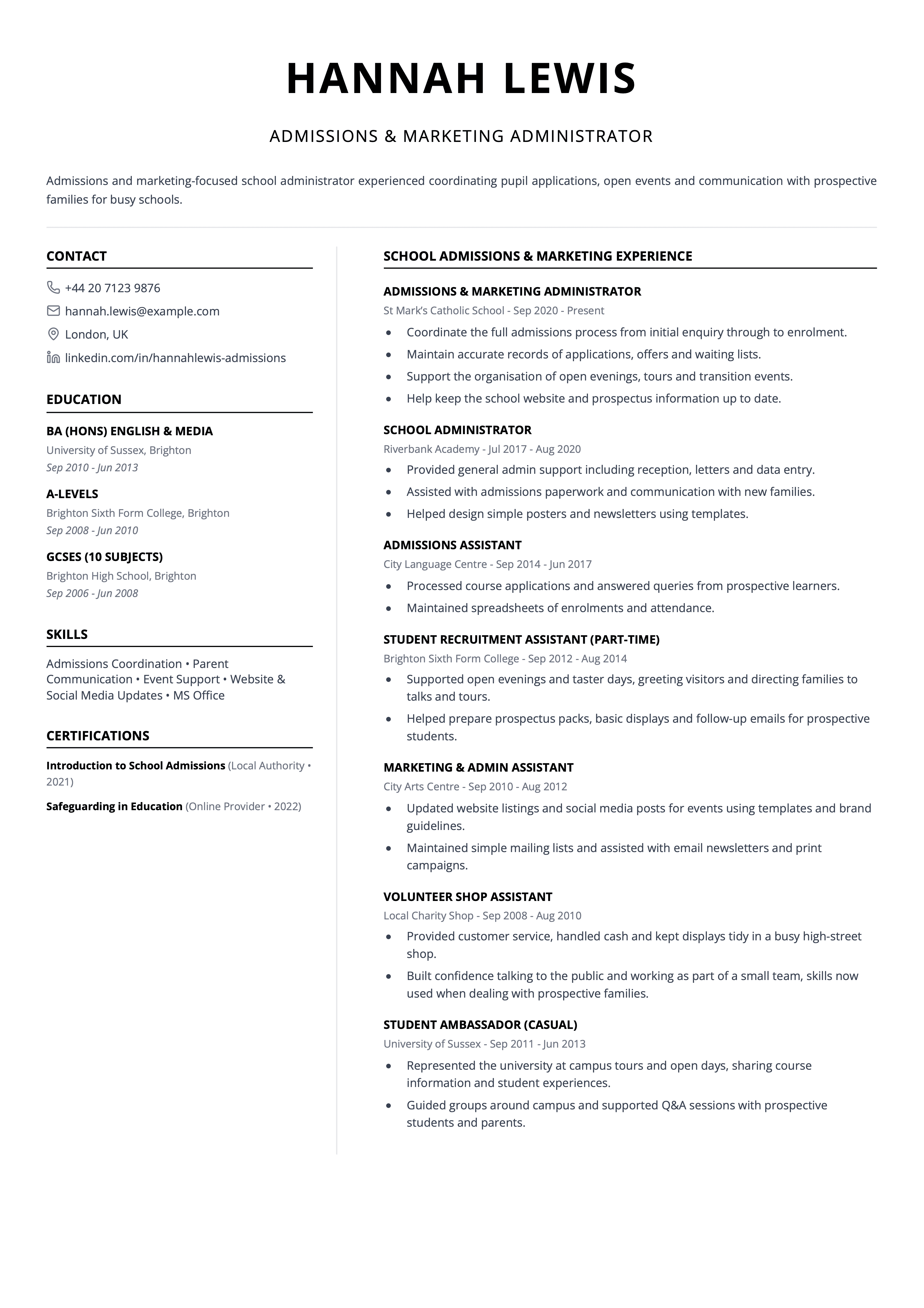 school administrator cv template admissions & marketing administrator cv