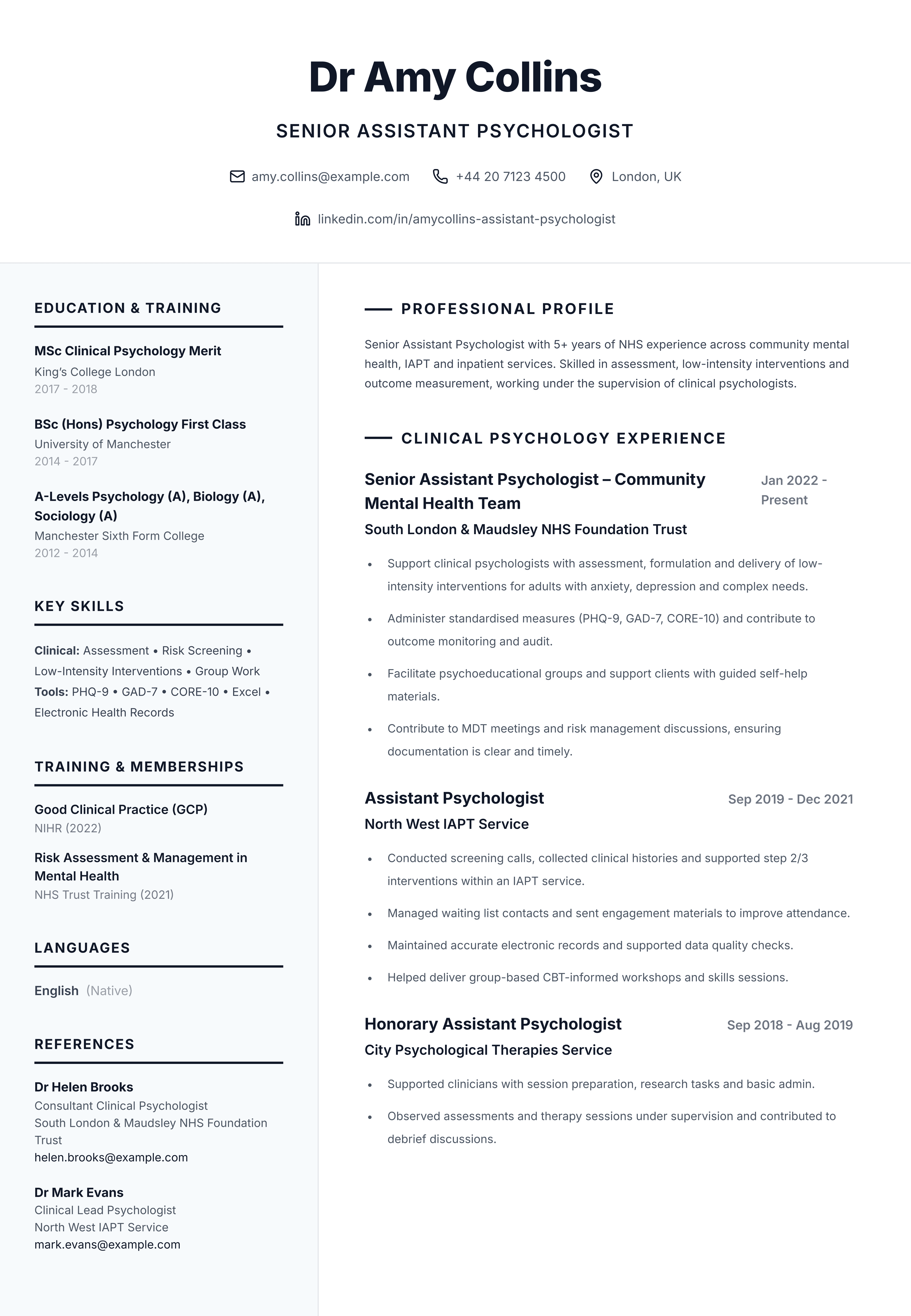 Senior Assistant Psychologist CV template