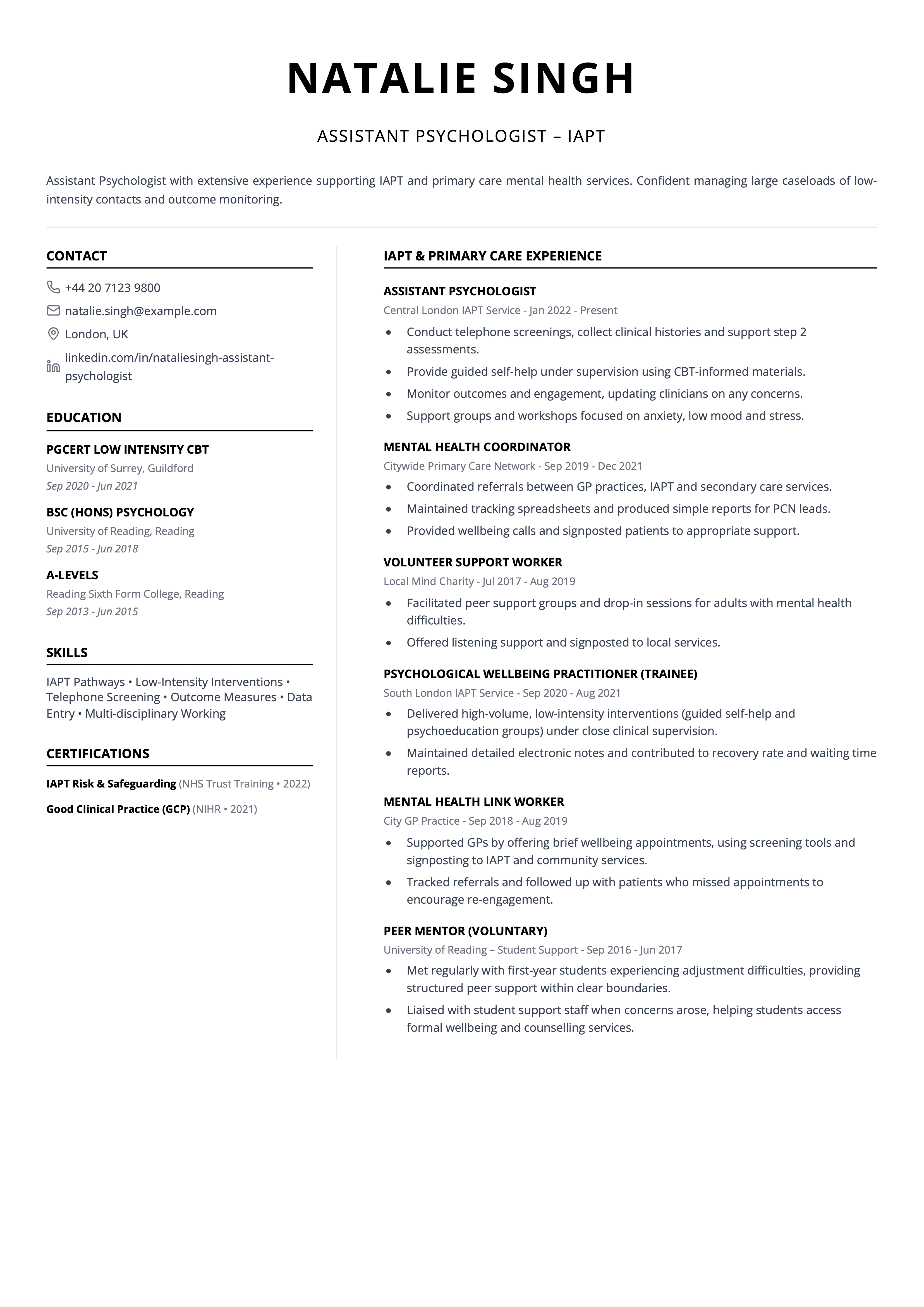 assistant psychologist cv template iapt assistant psychologist cv