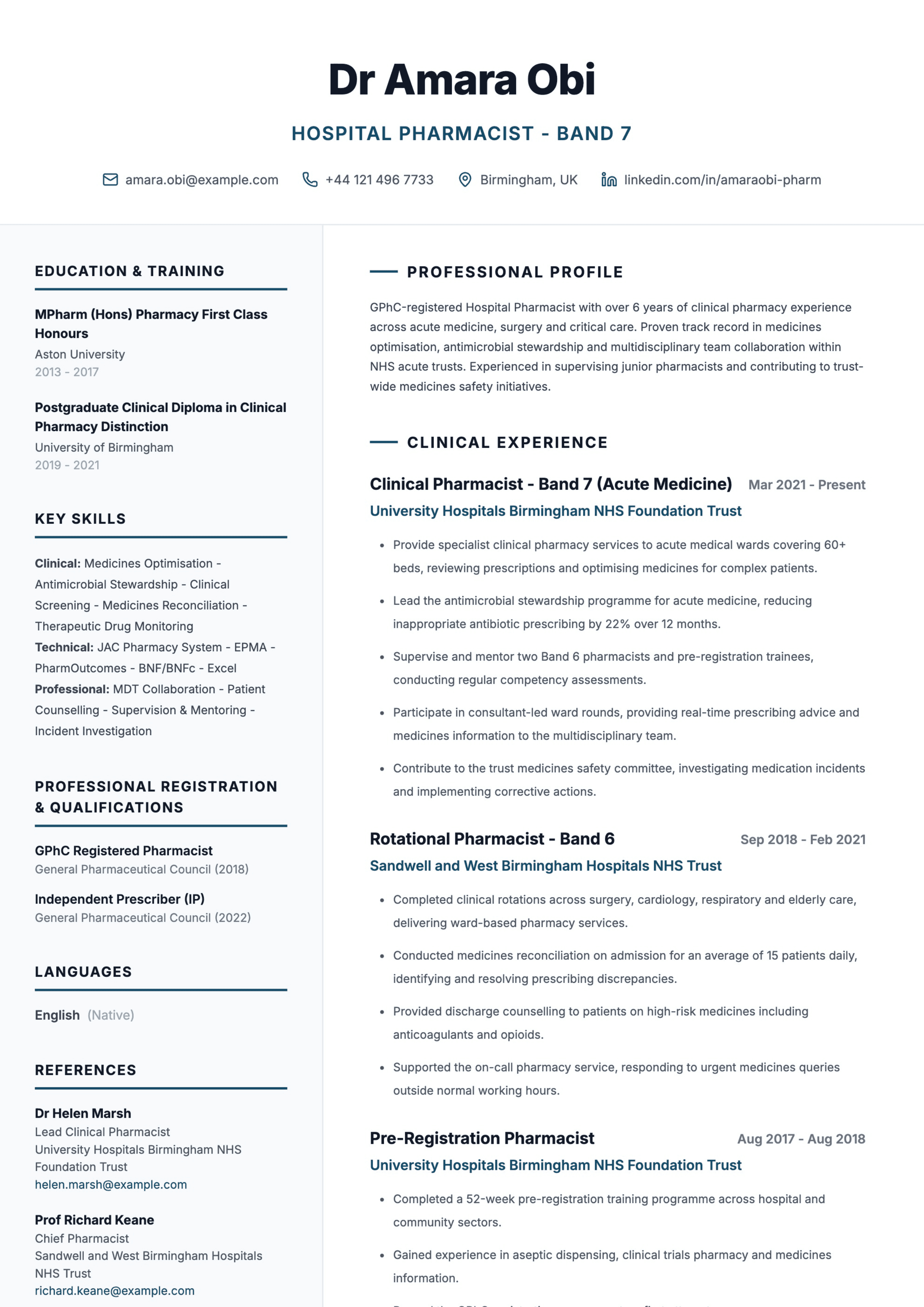 Hospital pharmacist CV template