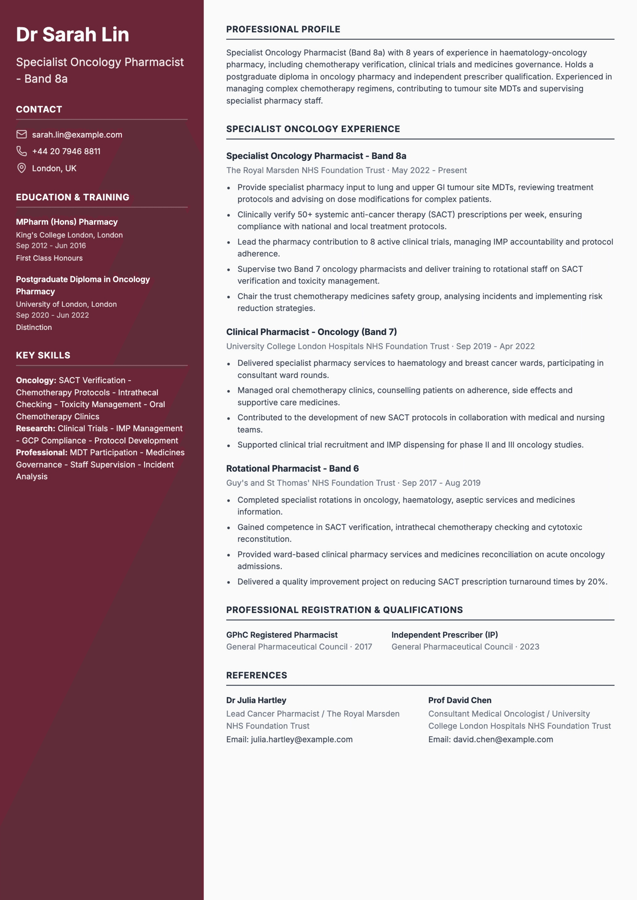 specialist oncology pharmacist cv template