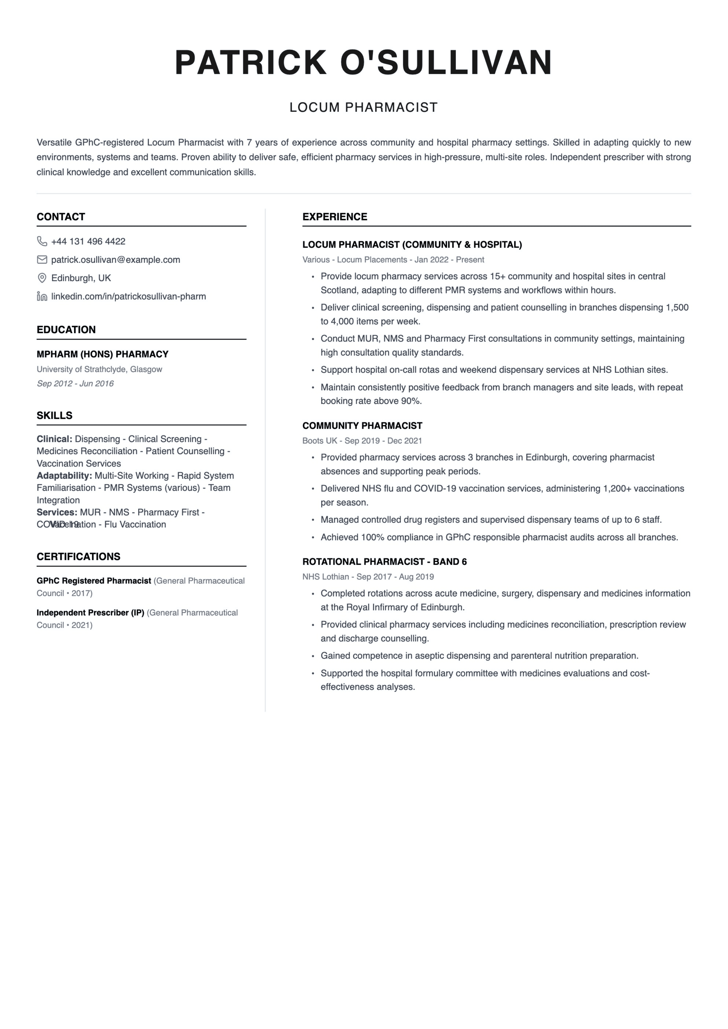 locum pharmacist cv template