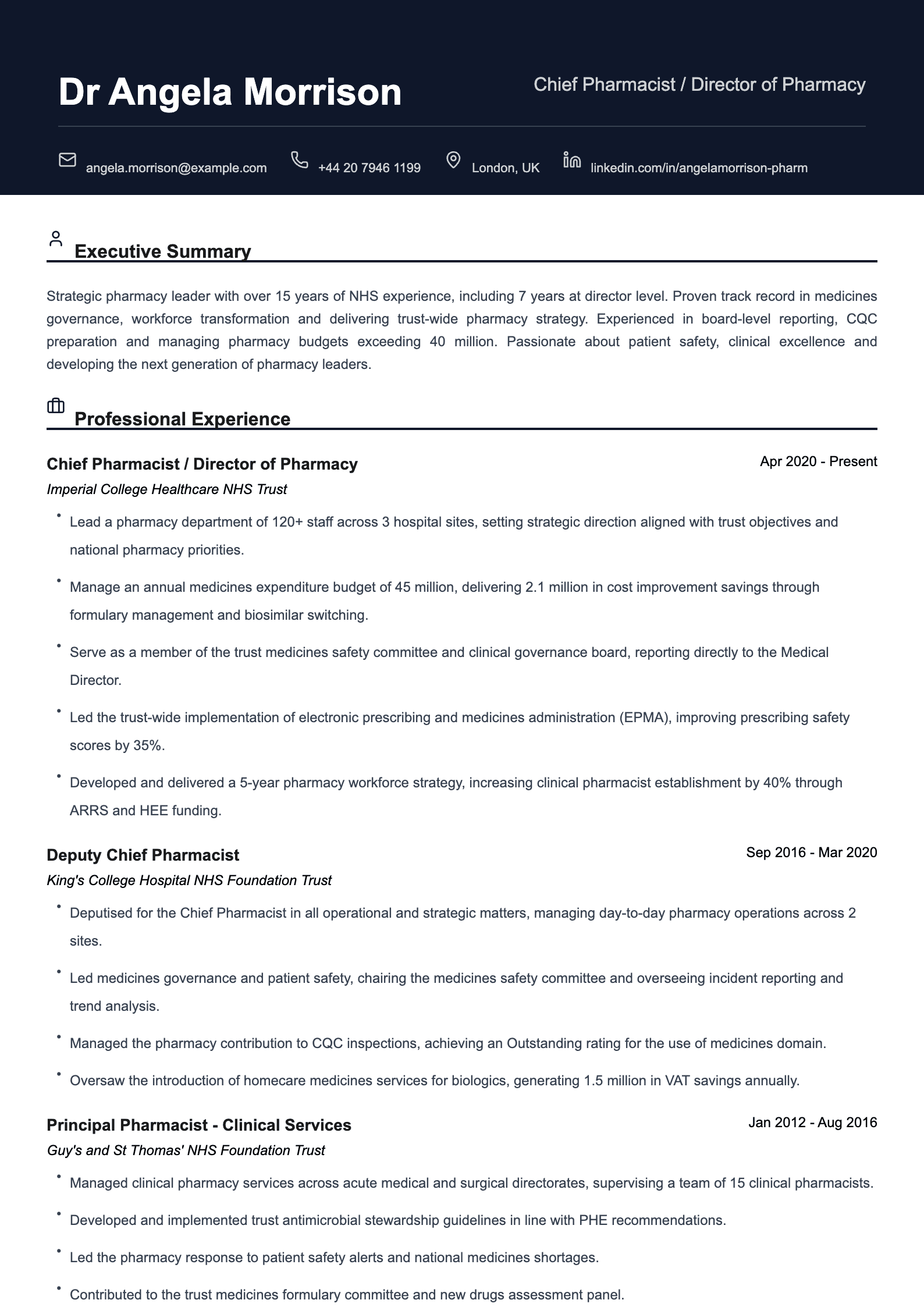 chief pharmacist director cv template