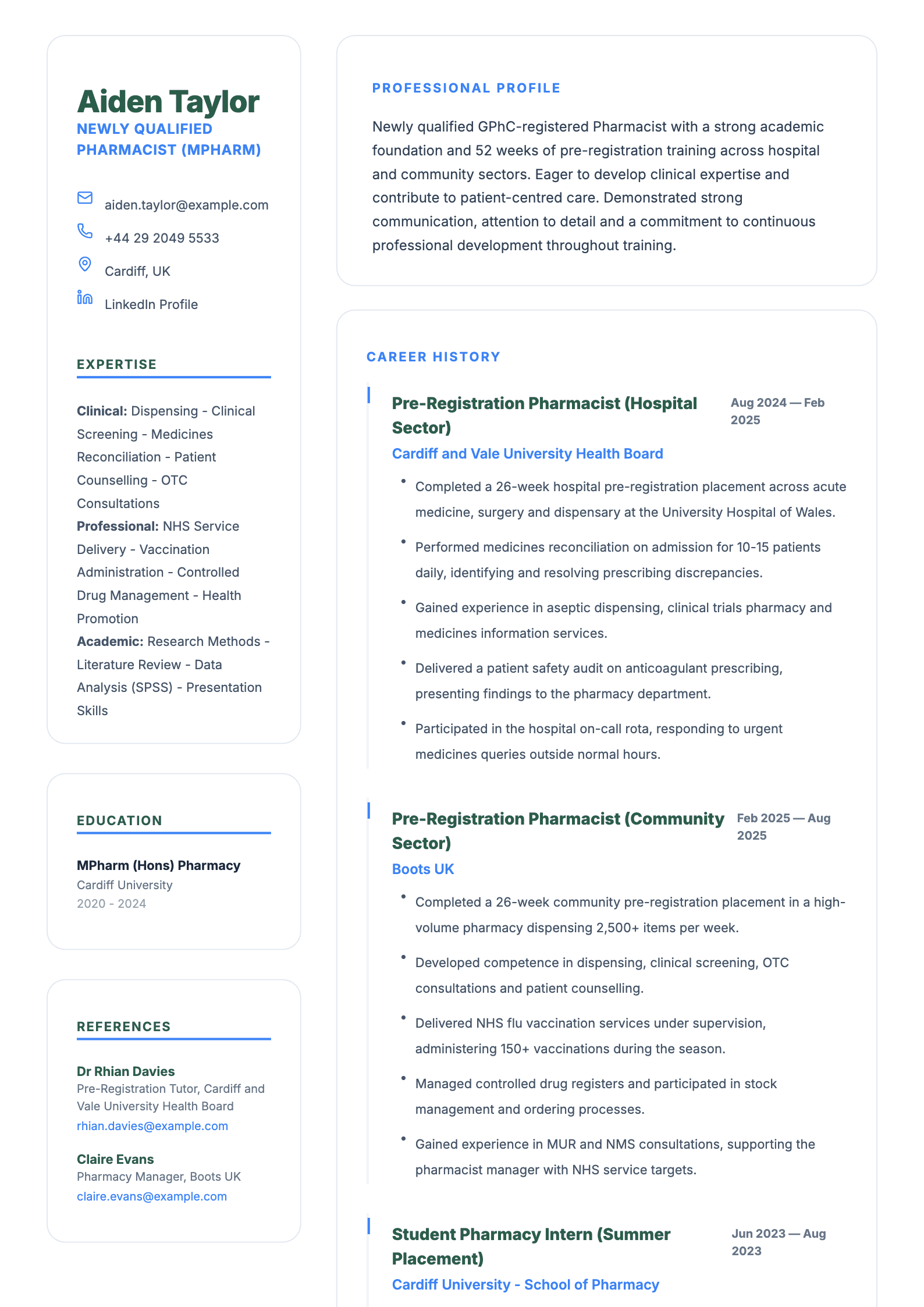 pre-registration newly qualified pharmacist cv template