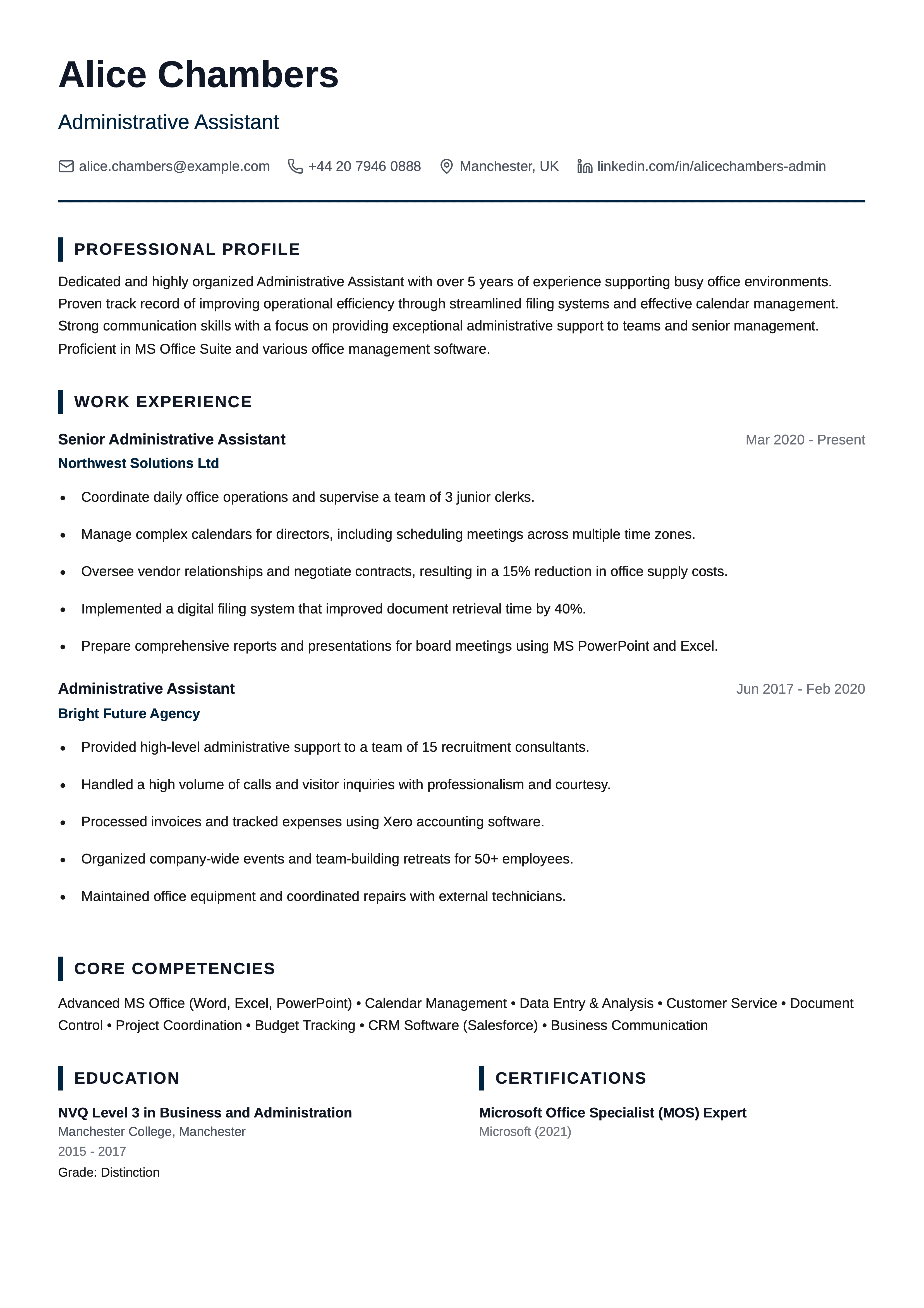 administrative assistant cv template