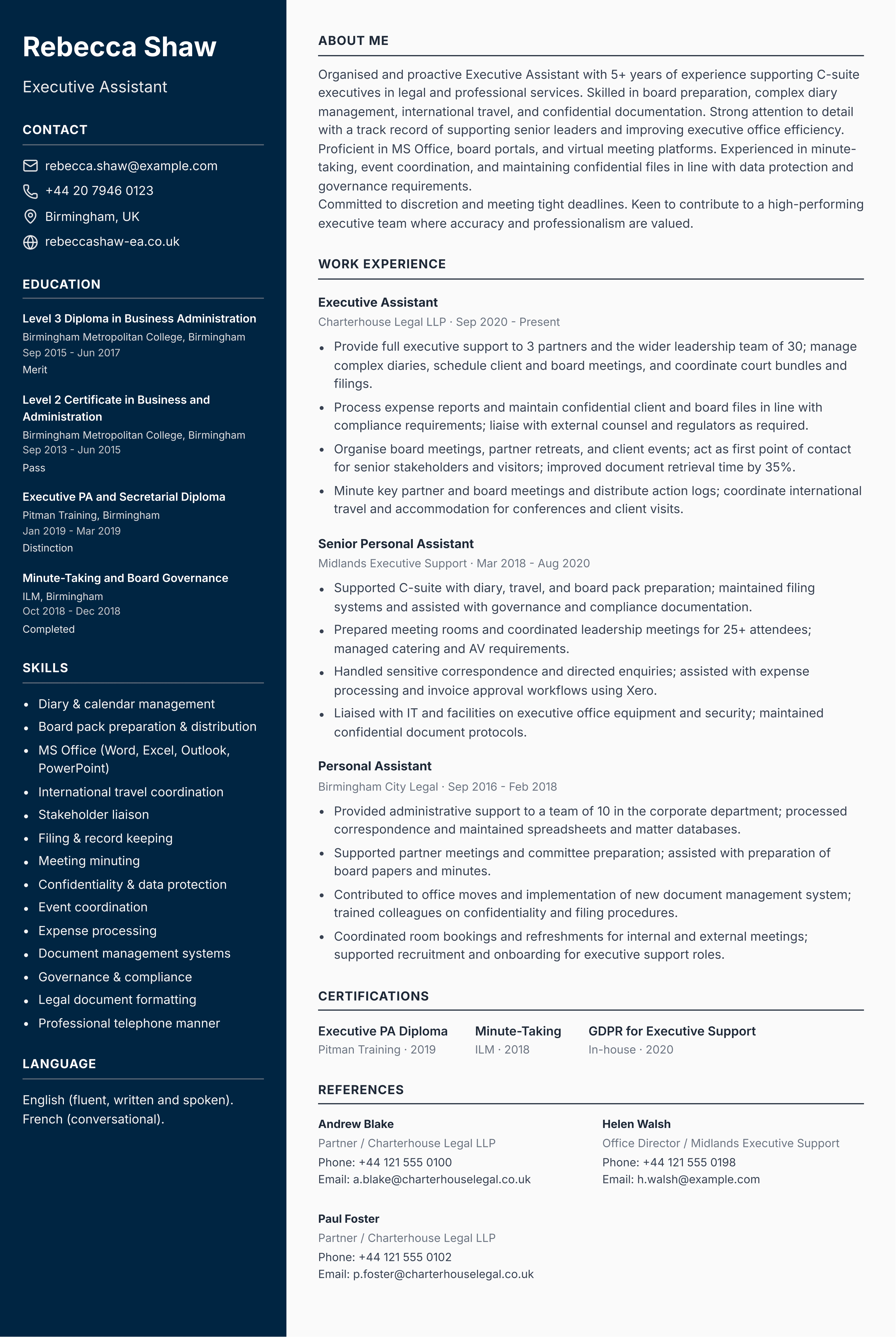executive assistant cv template