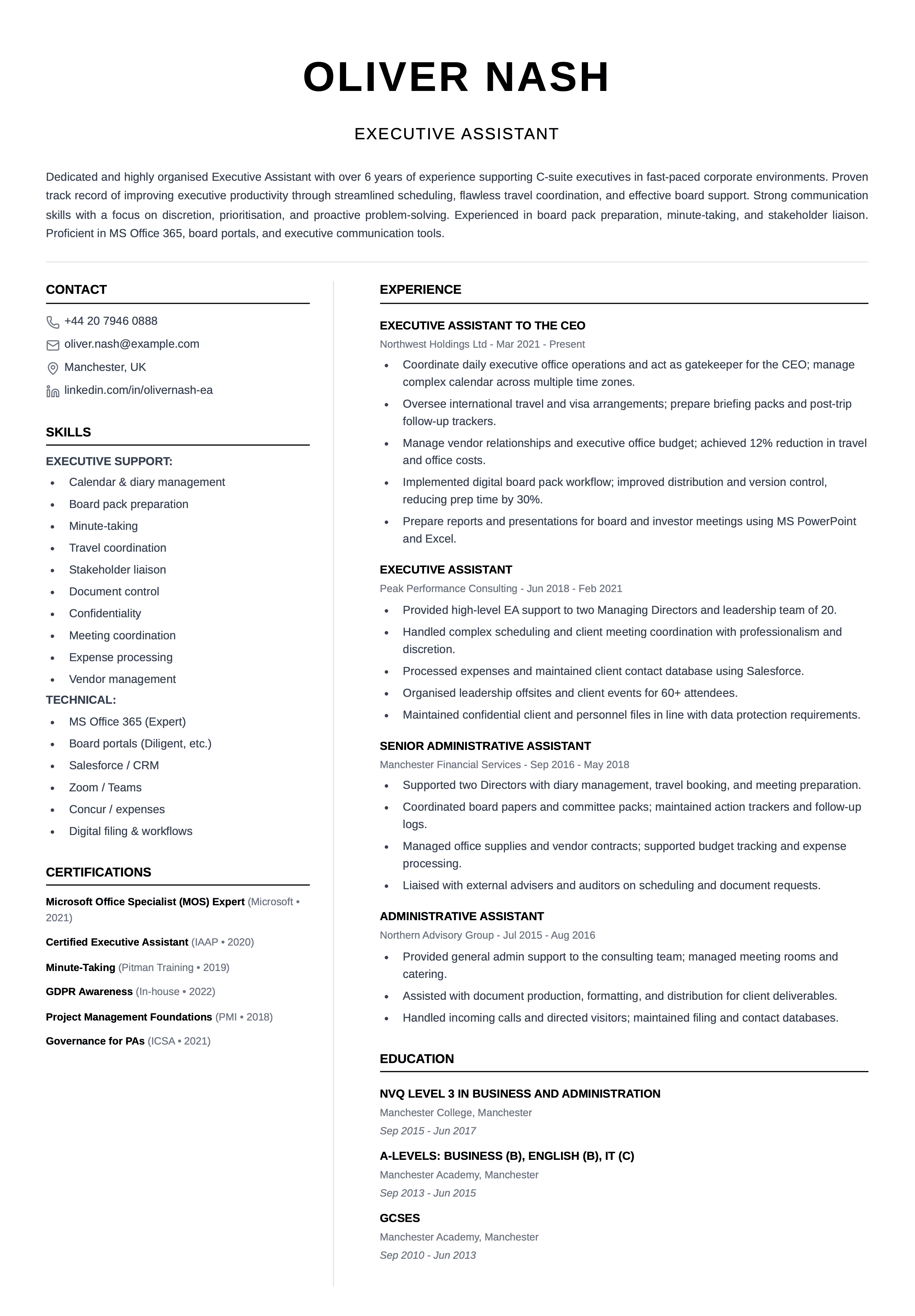 executive assistant cv template