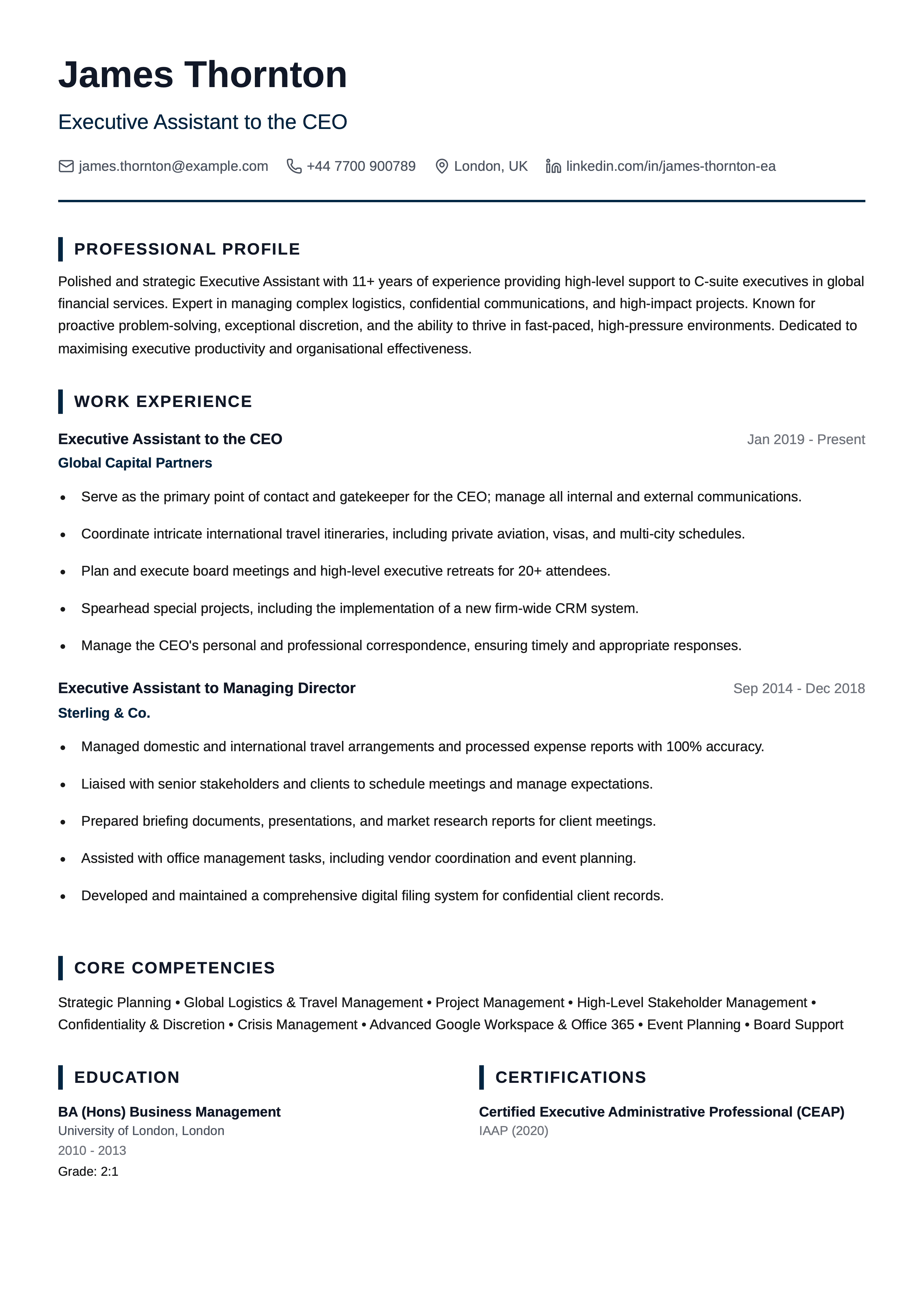 executive assistant cv template