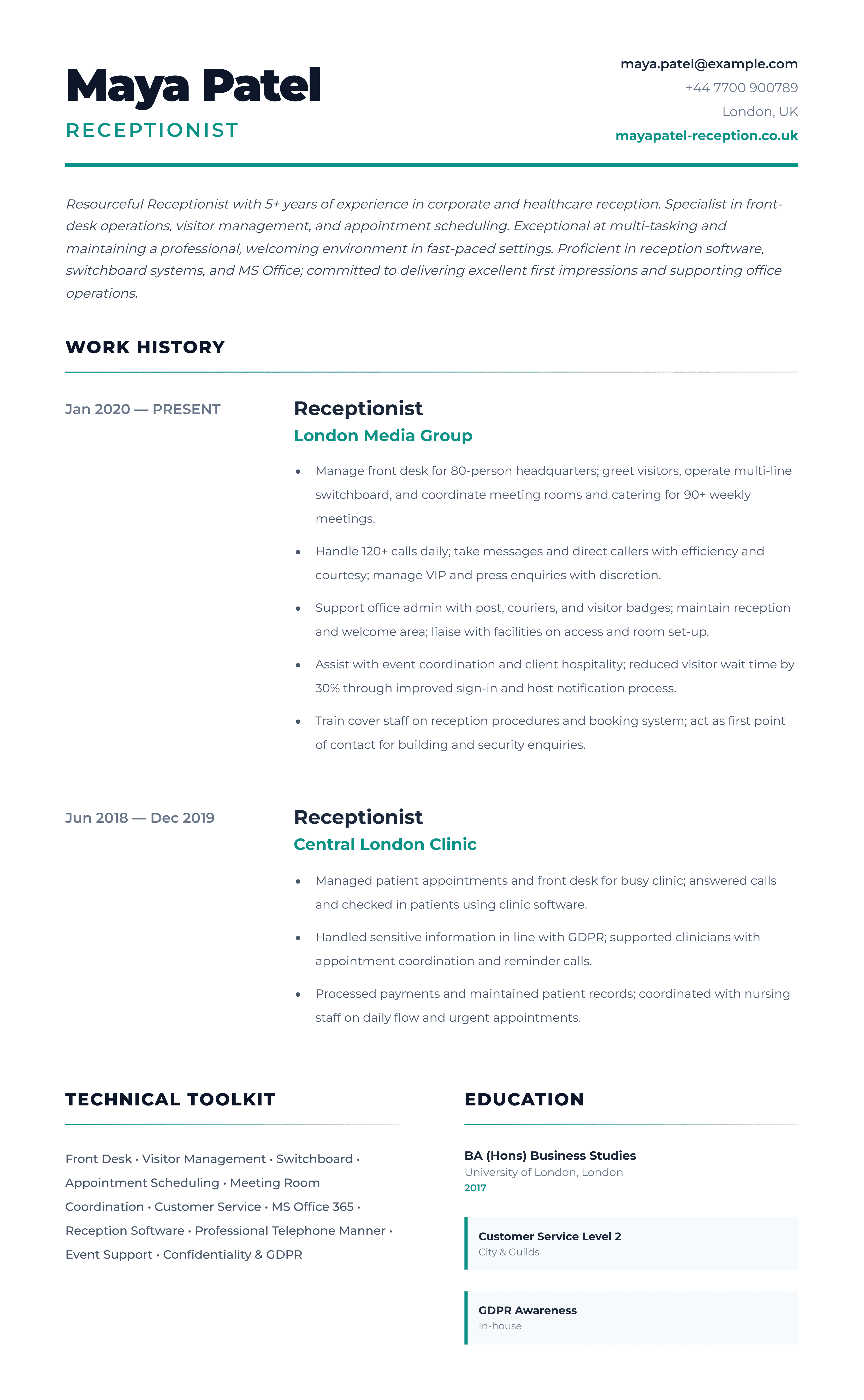 receptionist cv template