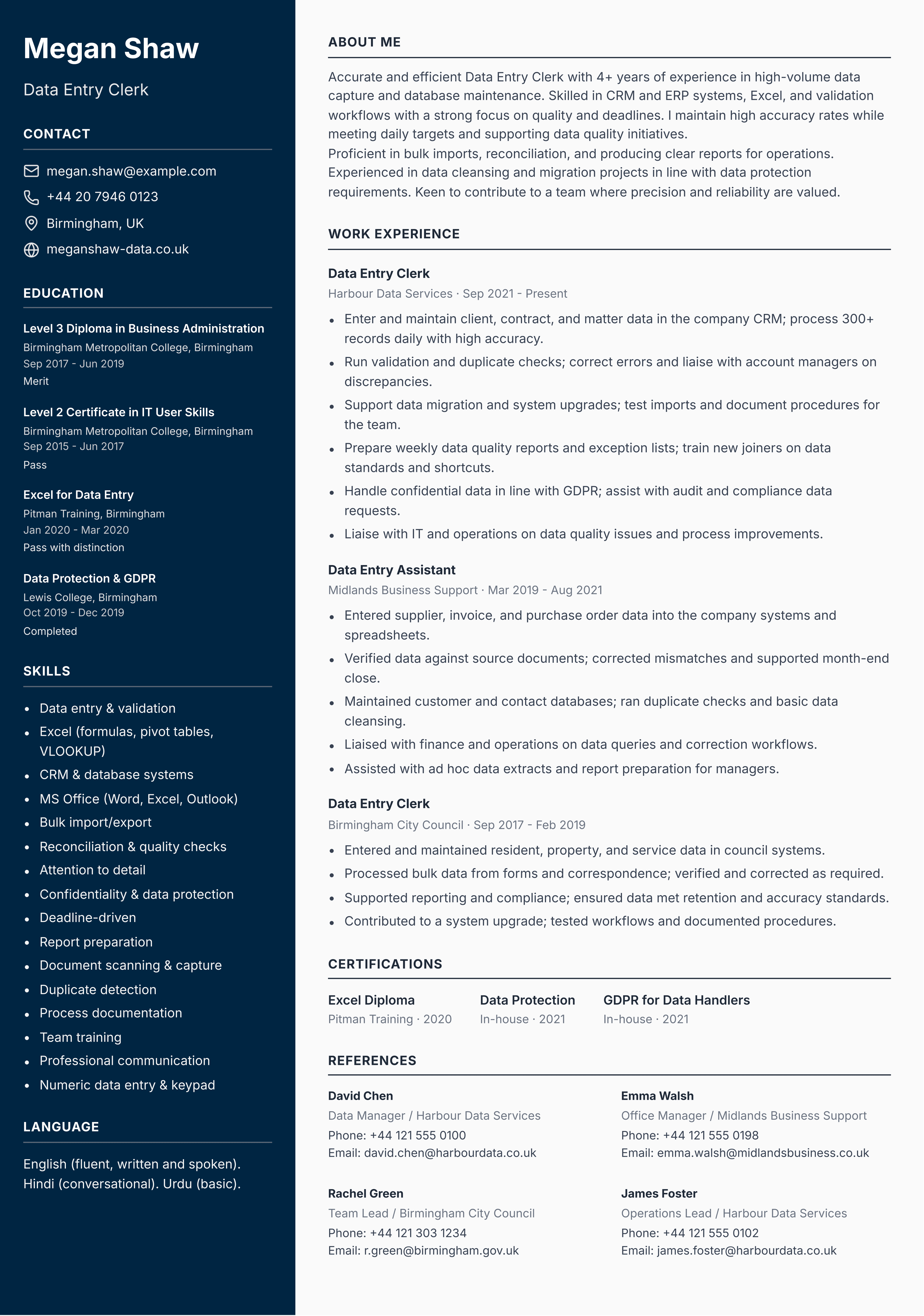 data entry cv template