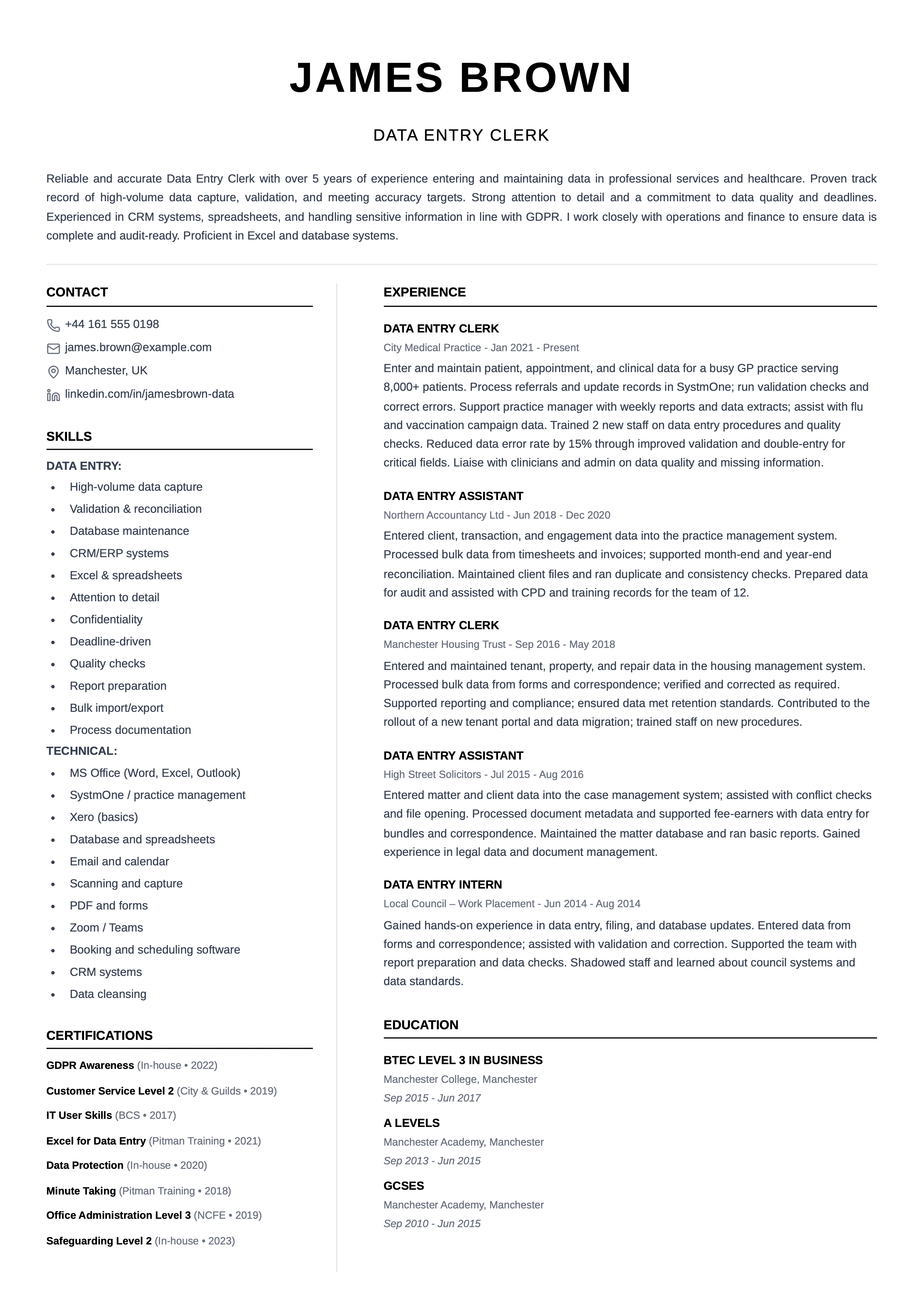 data entry cv template