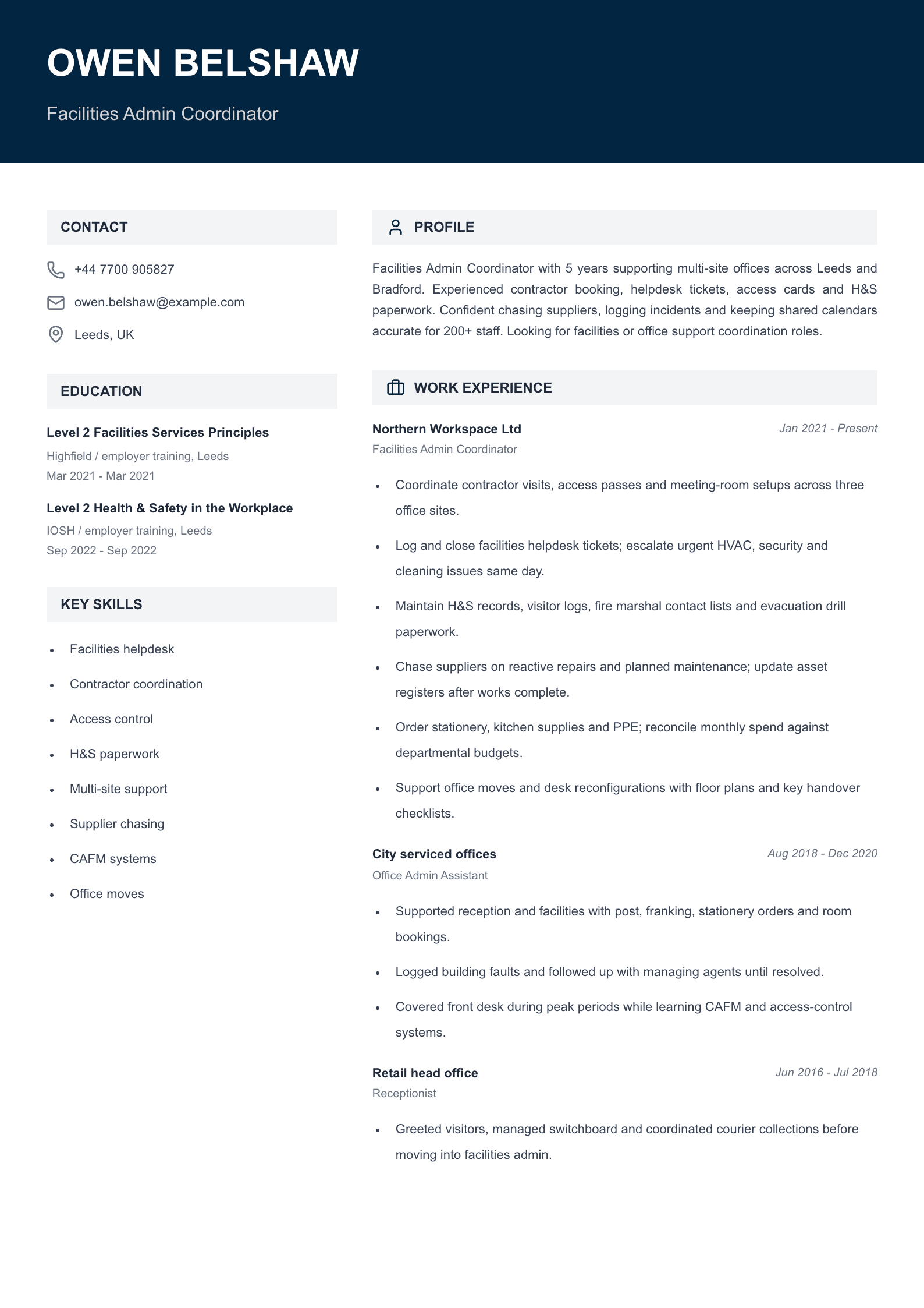 facilities admin coordinator cv template