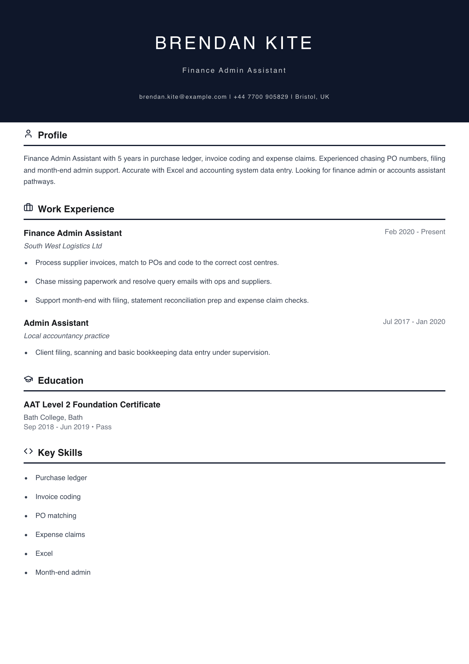 finance admin assistant cv template
