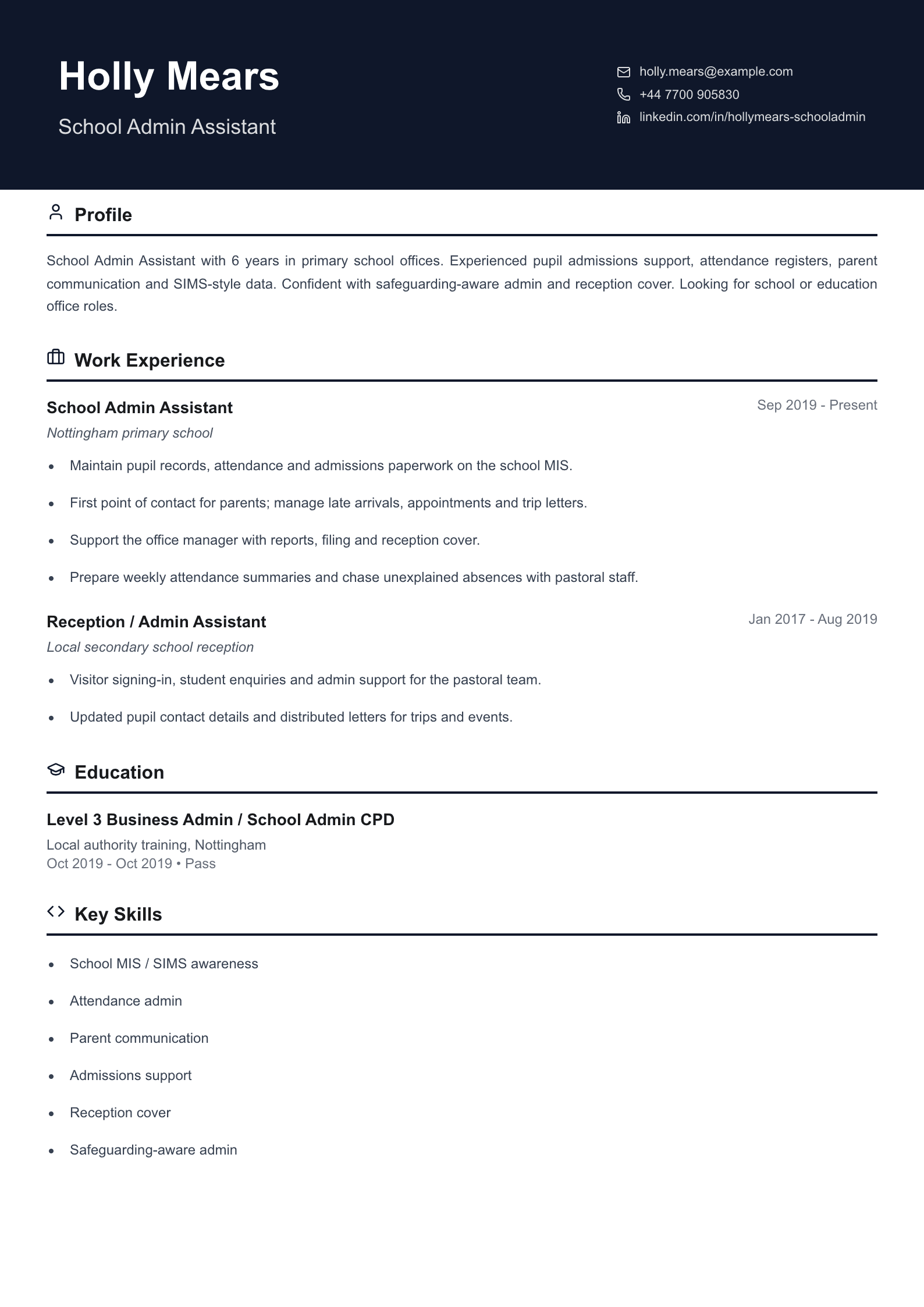school admin assistant cv template