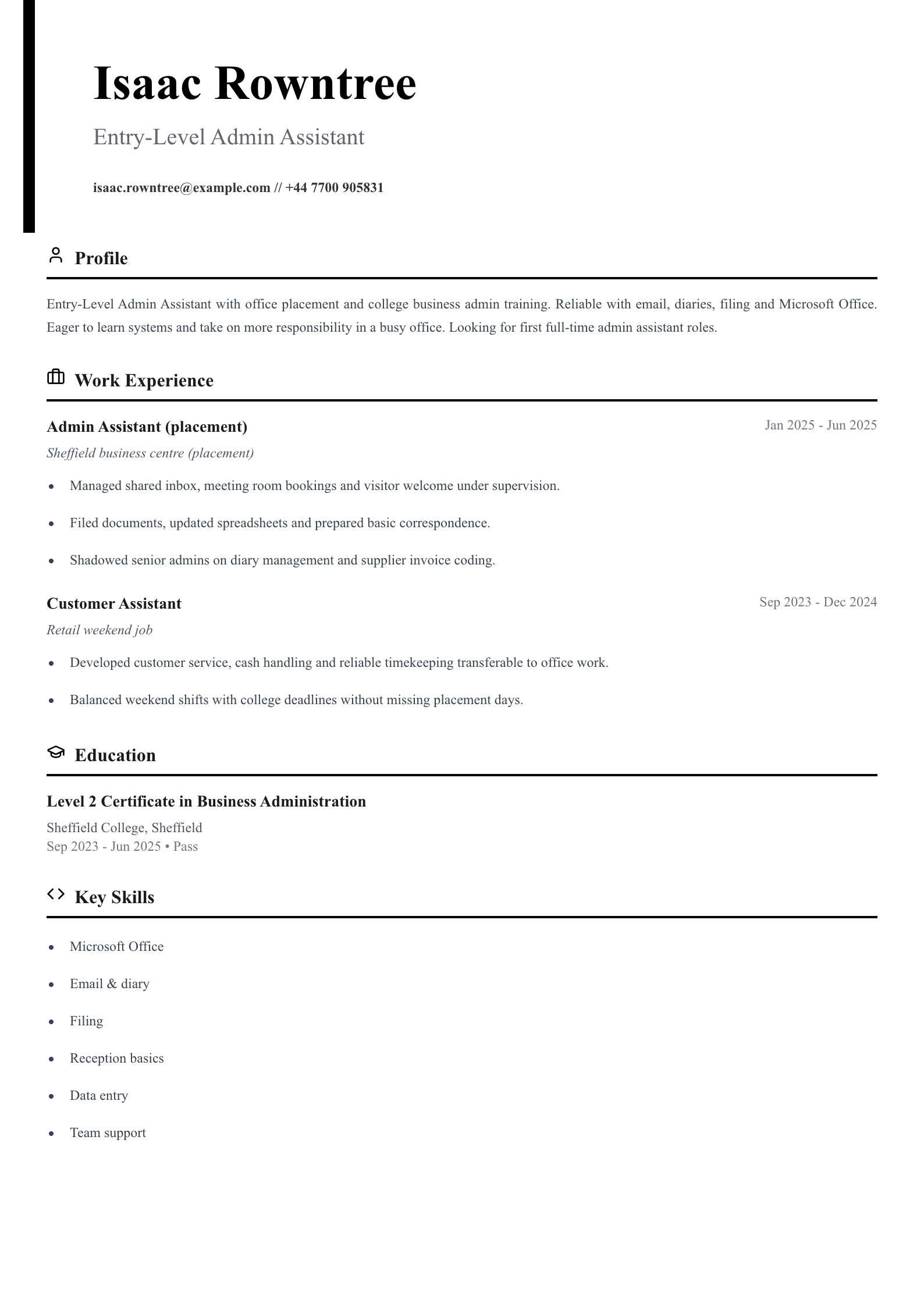 entry level admin assistant cv template