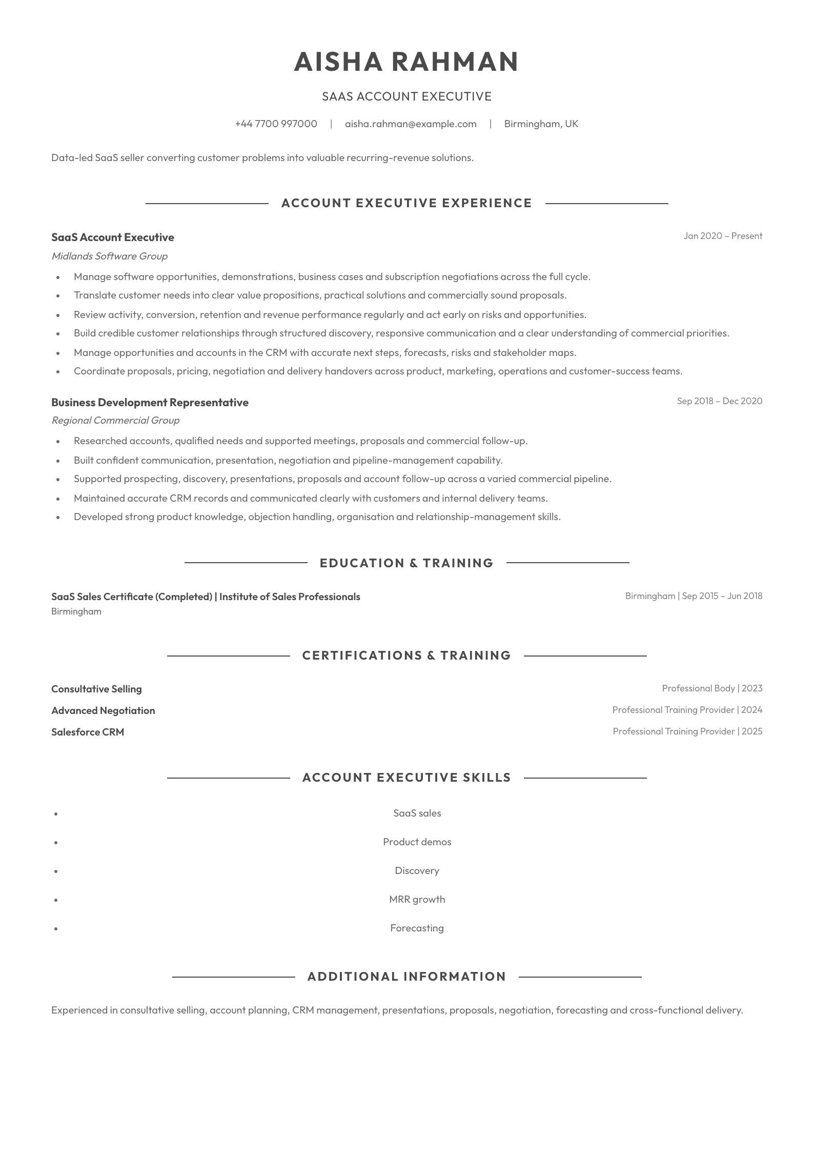 SaaS Account Executive CV template