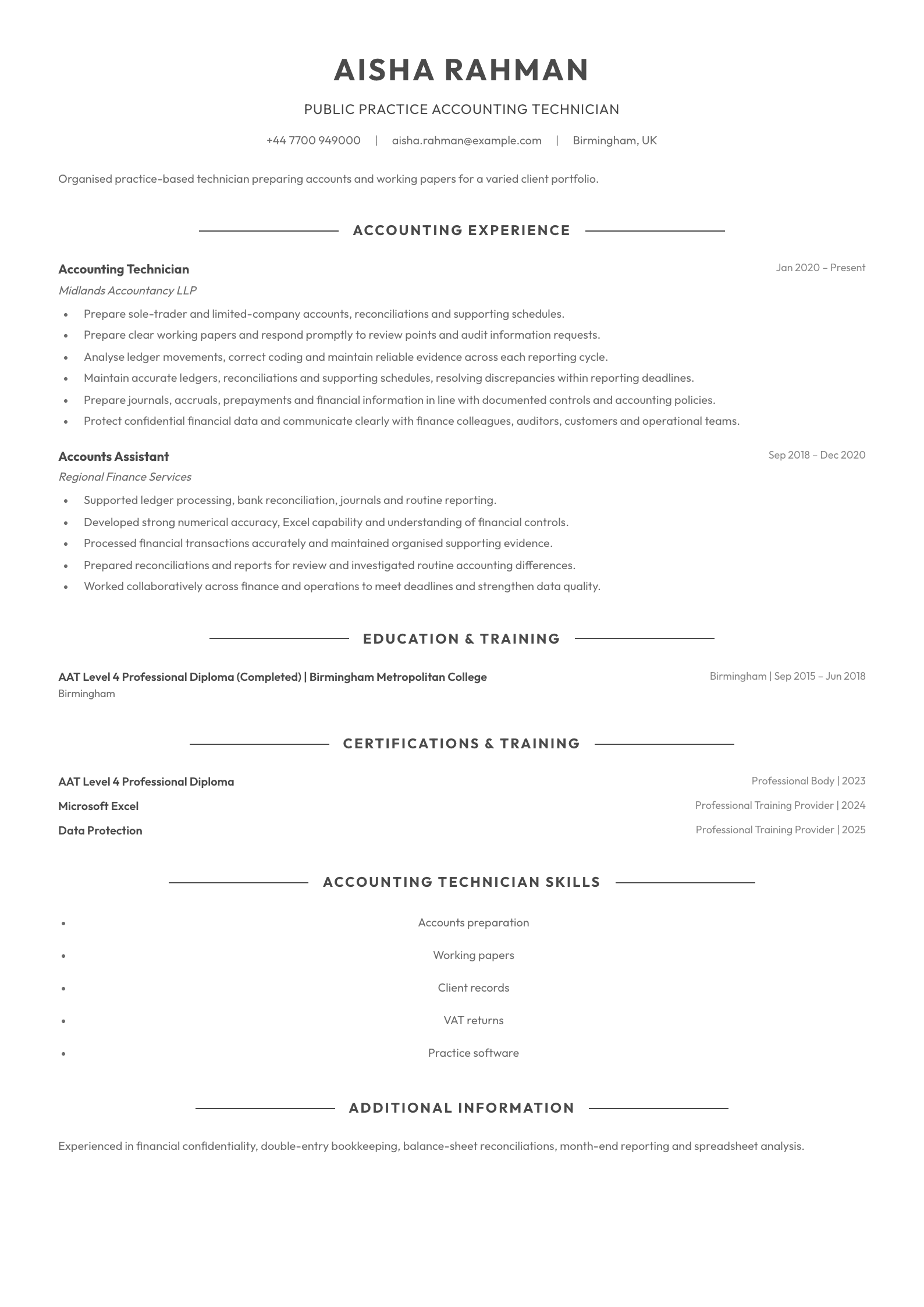 Public Practice Accounting Technician CV template