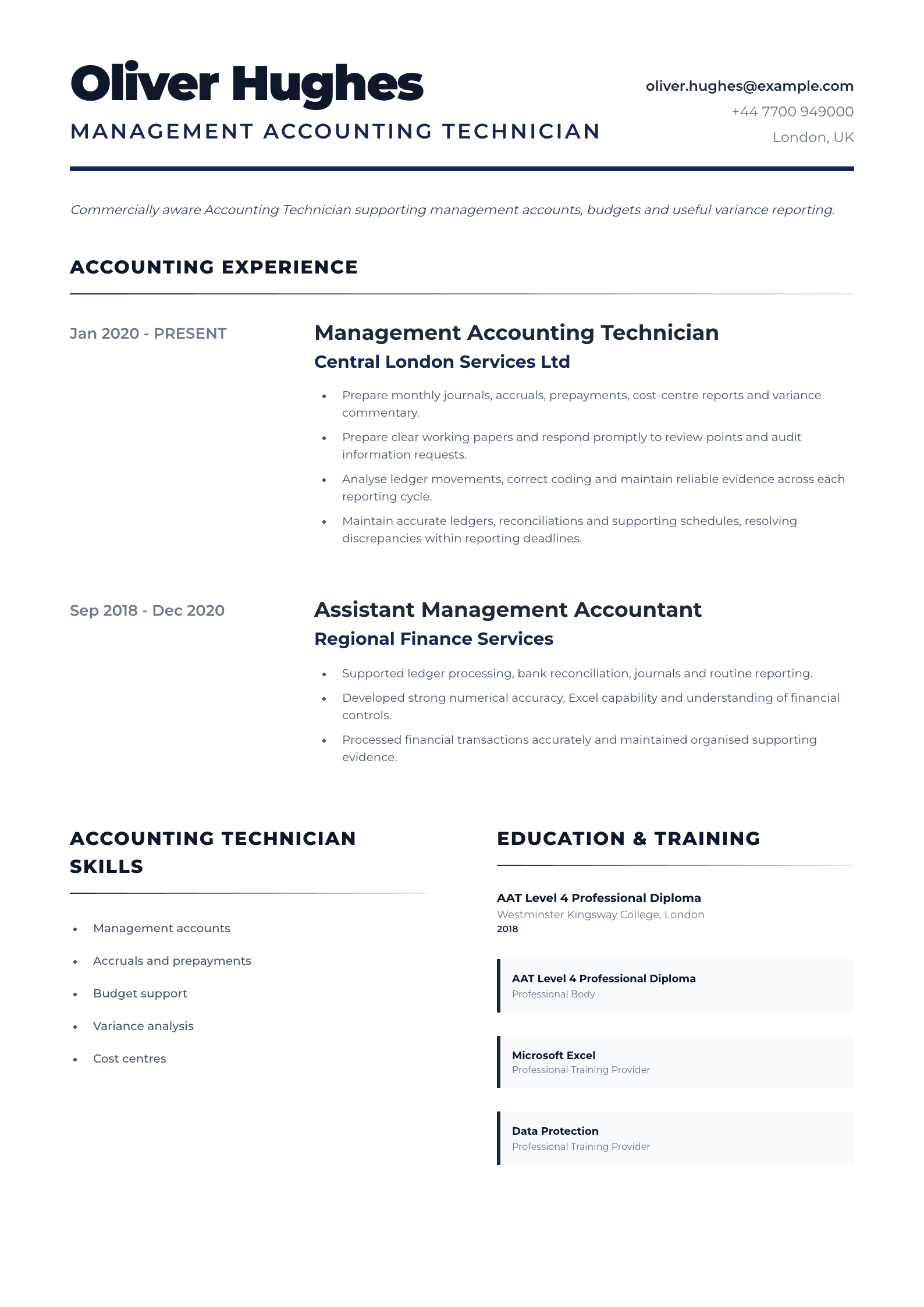 Management Accounting Technician CV template