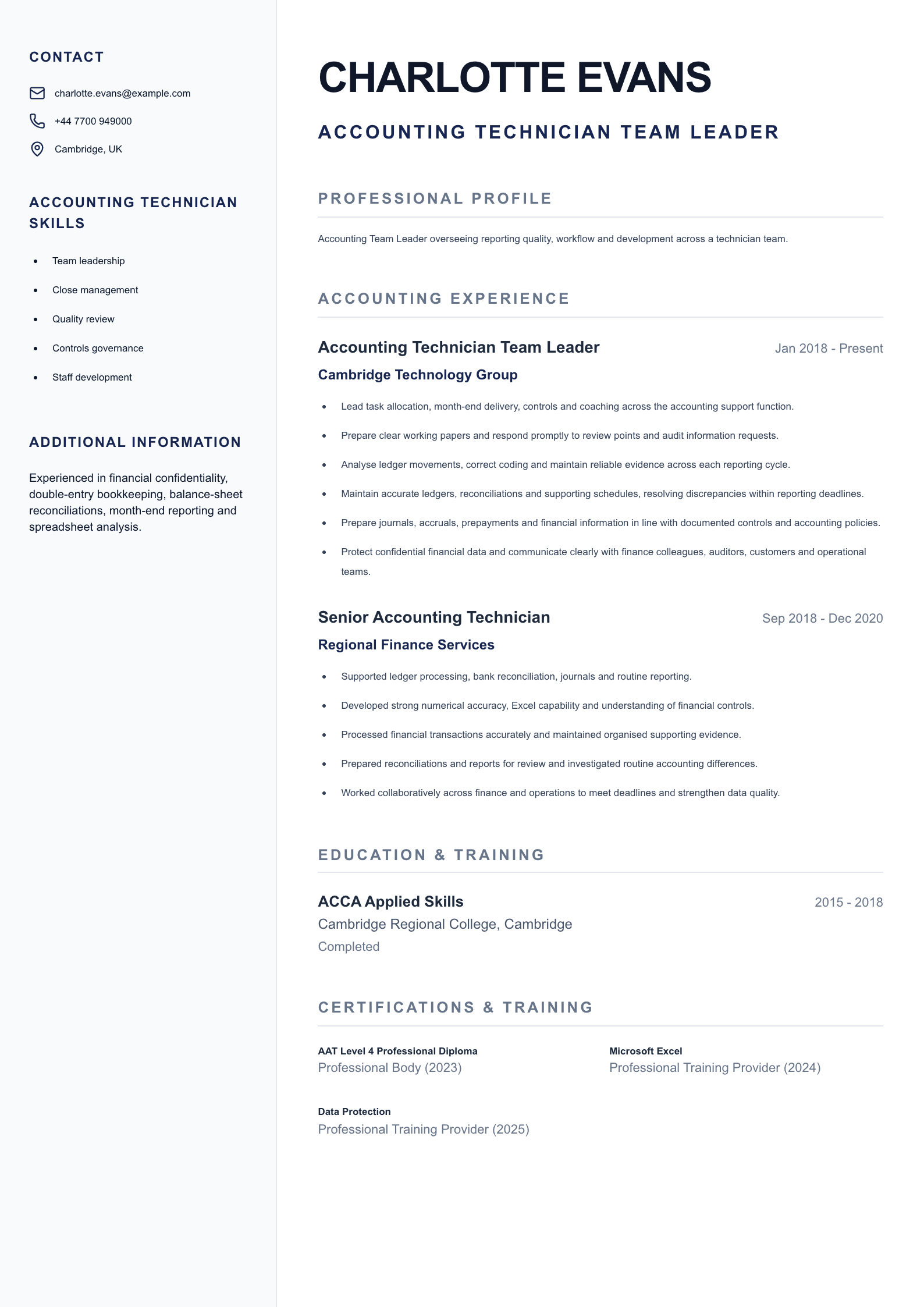 Accounting Technician Team Leader CV template