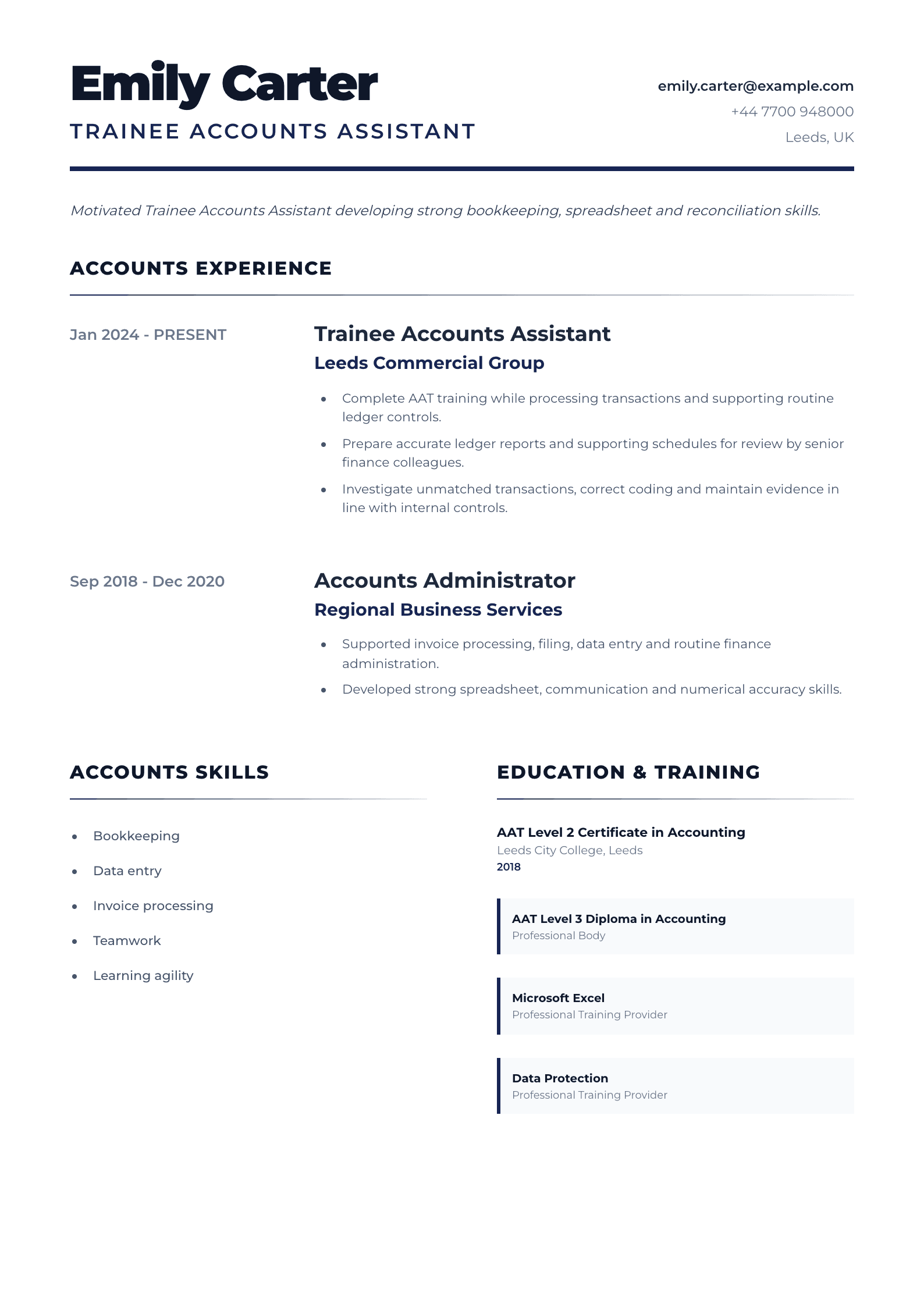 Trainee Accounts Assistant CV template