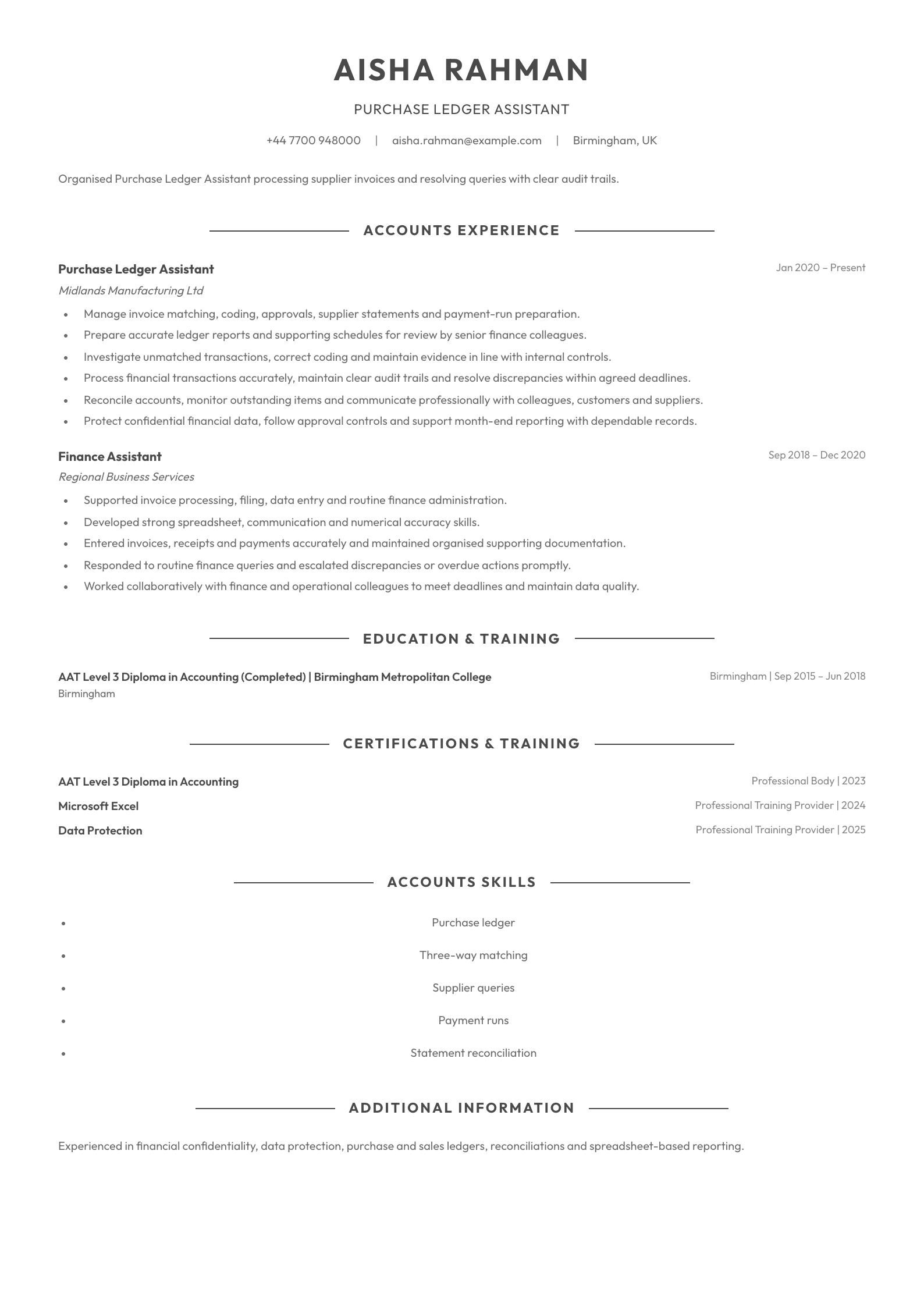 Purchase Ledger Assistant CV template