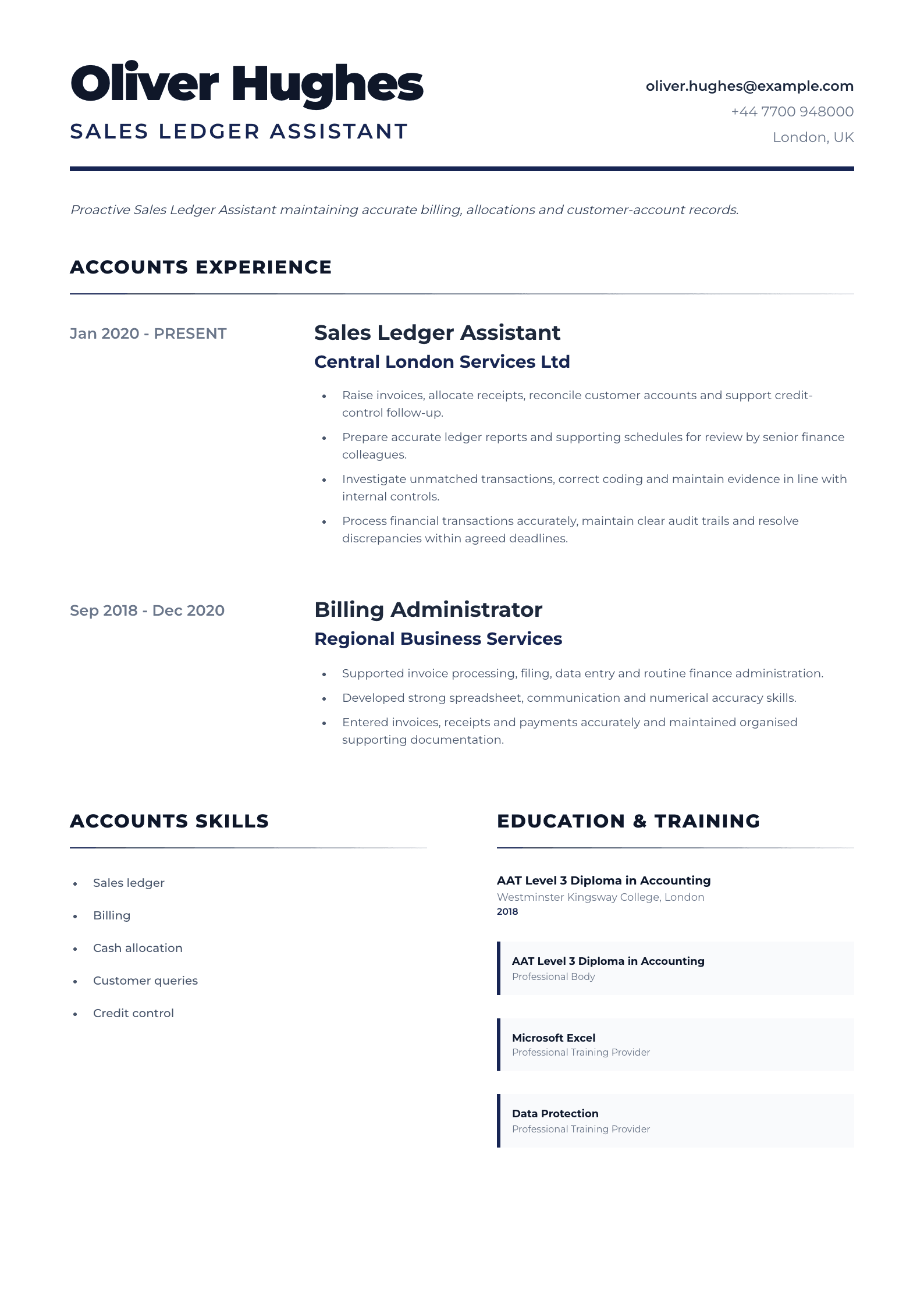 Sales Ledger Assistant CV template