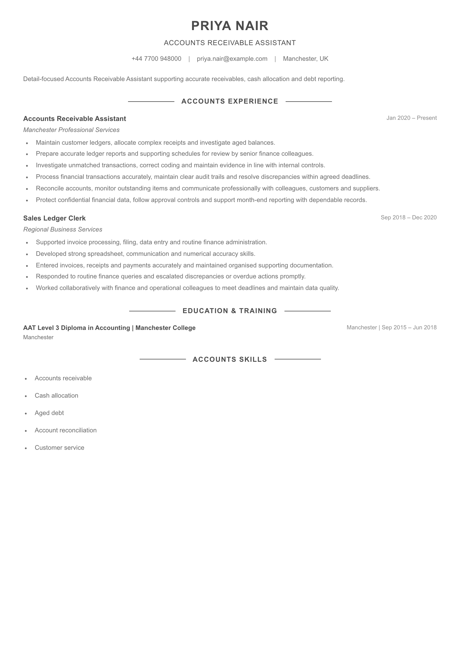 Accounts Receivable Assistant CV template