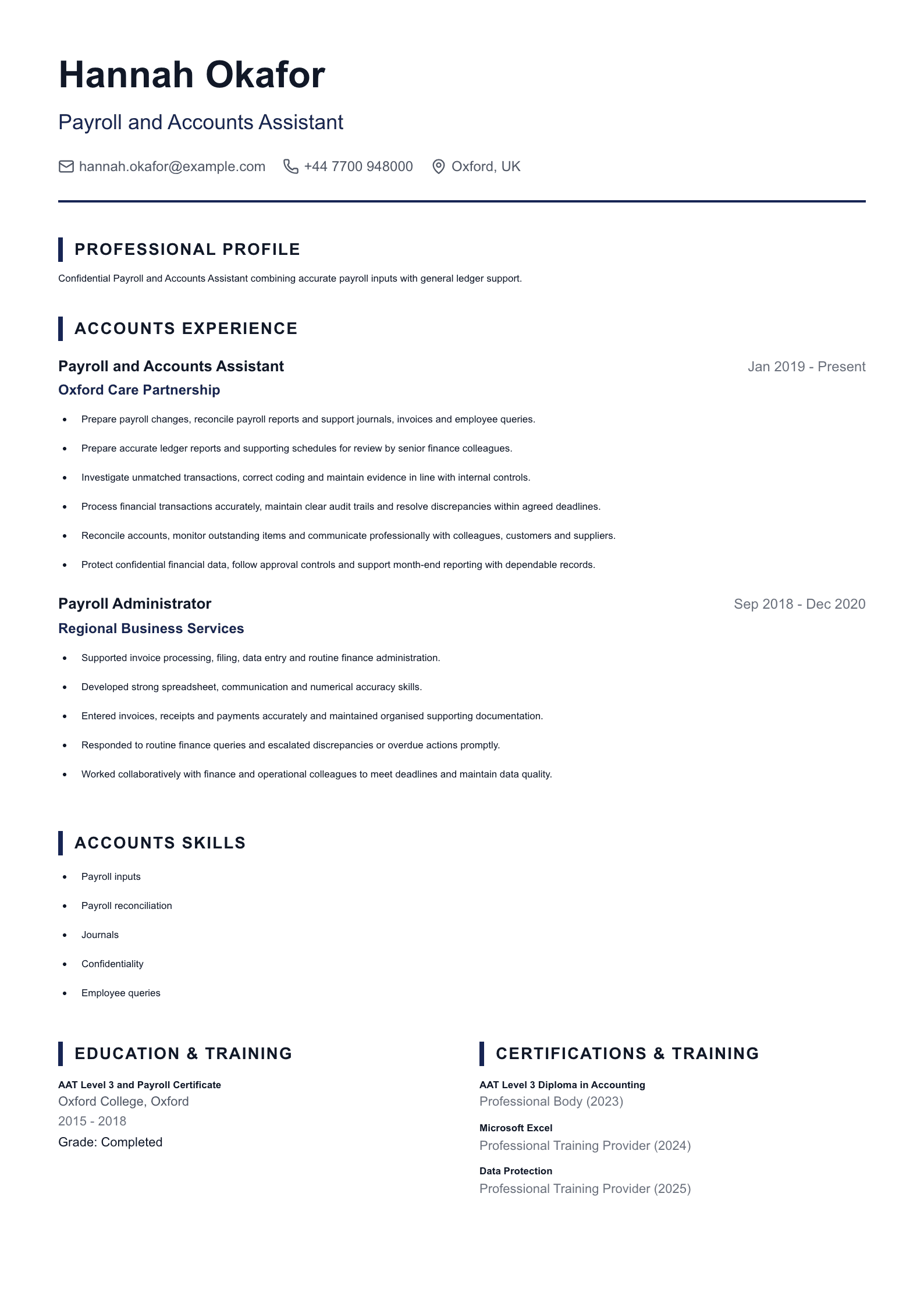 Payroll and Accounts Assistant CV template