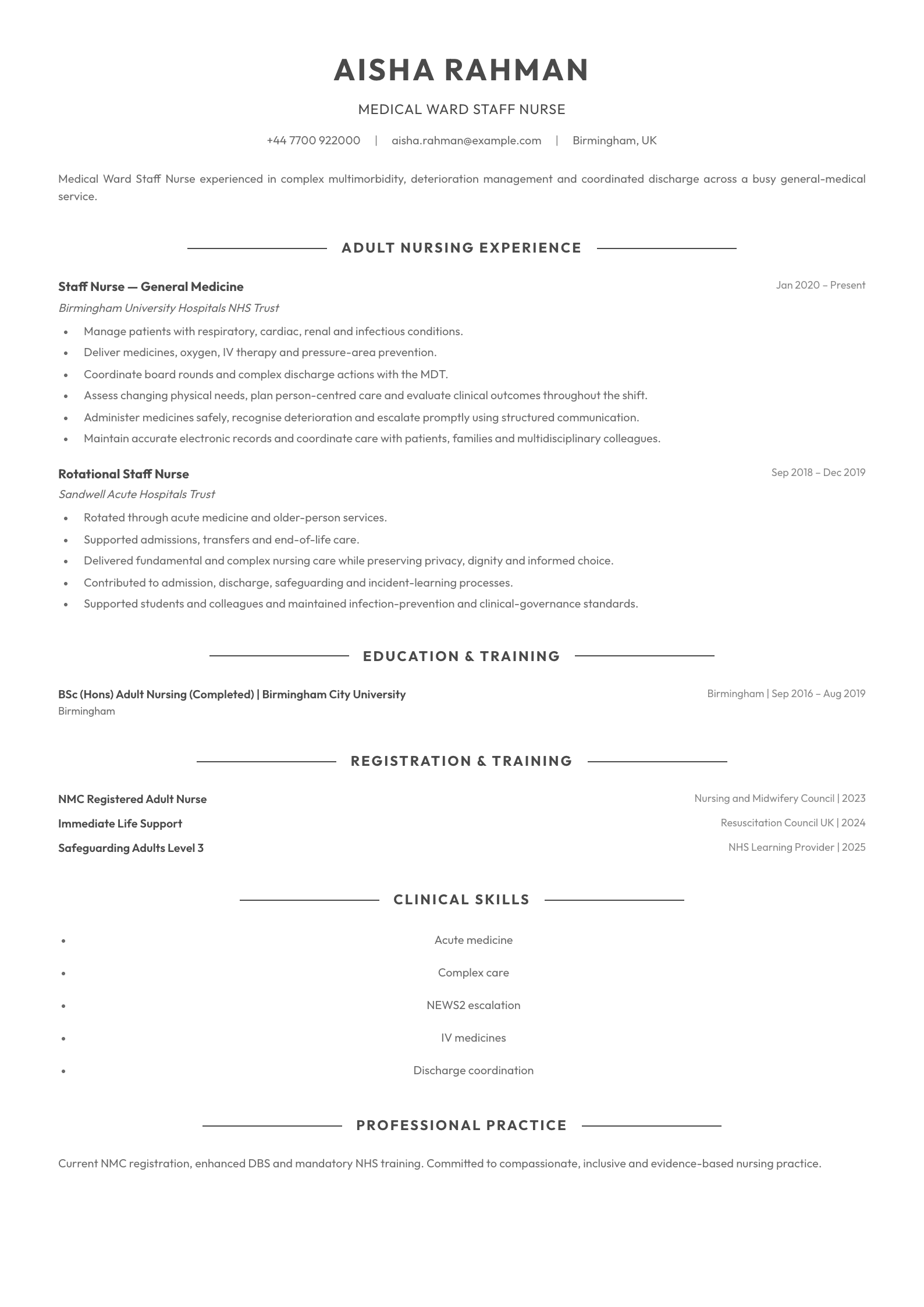 Medical Ward Staff Nurse CV template