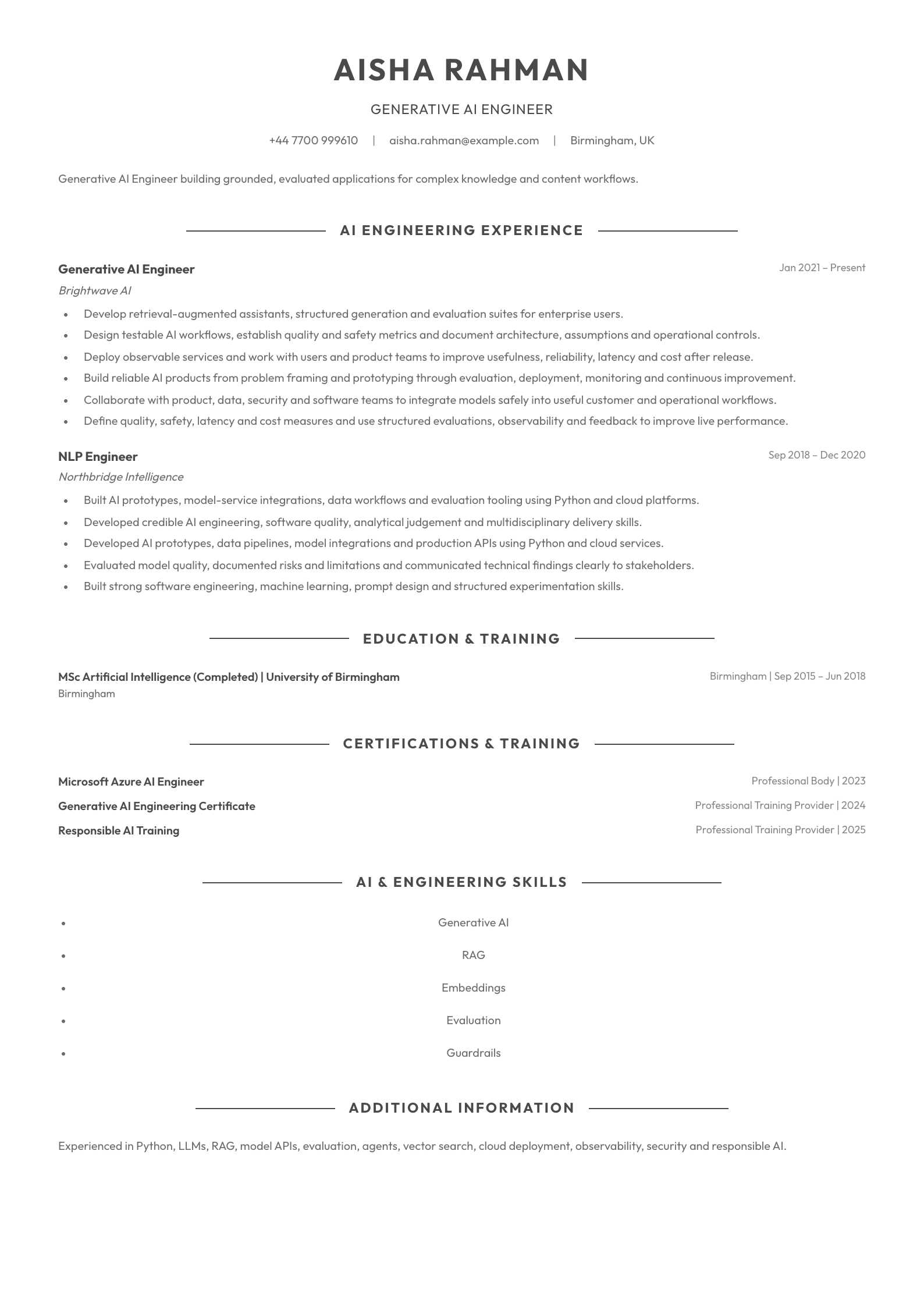 Generative AI Engineer CV template