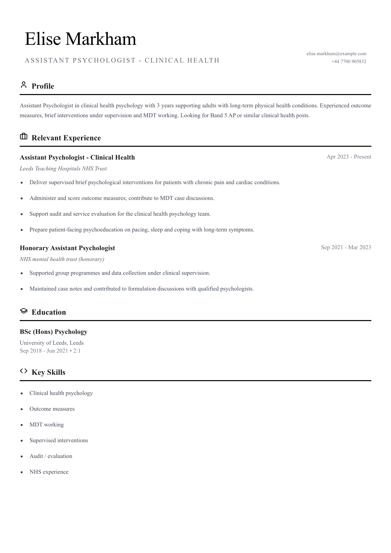 clinical health assistant psychologist cv template