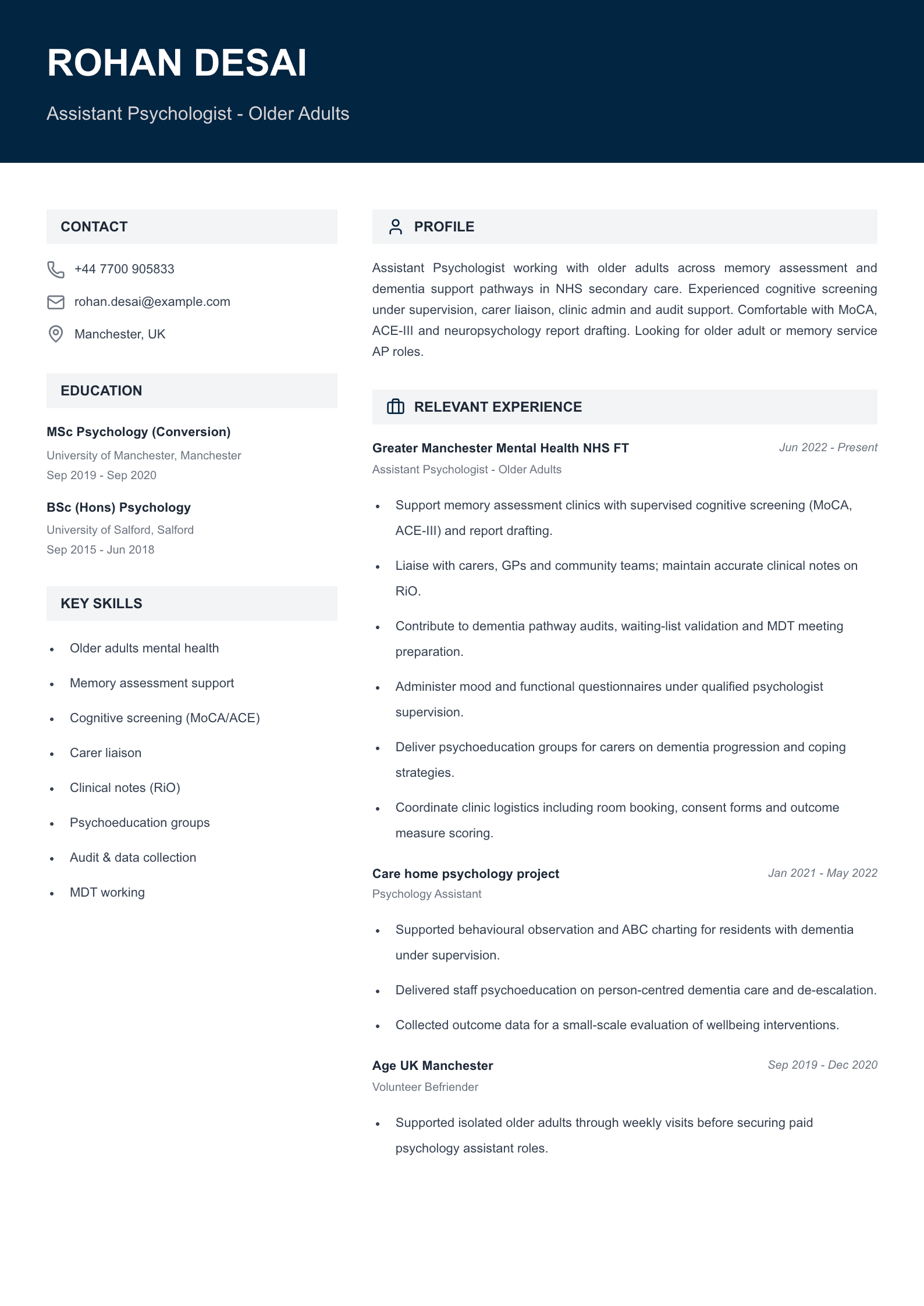 older adults assistant psychologist cv template