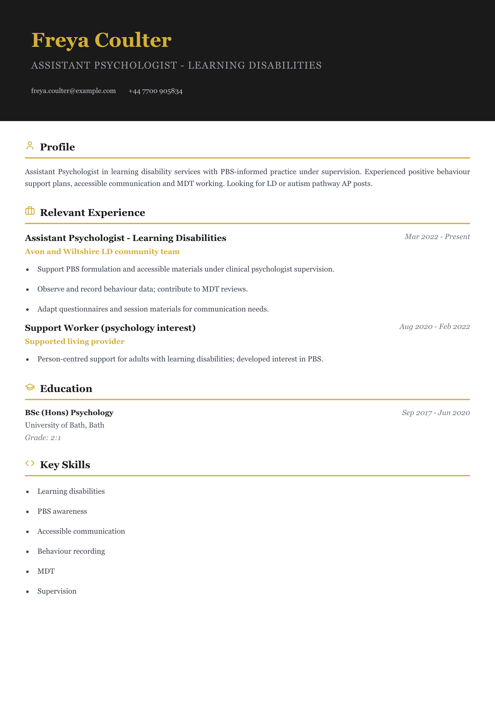 learning disabilities assistant psychologist cv template