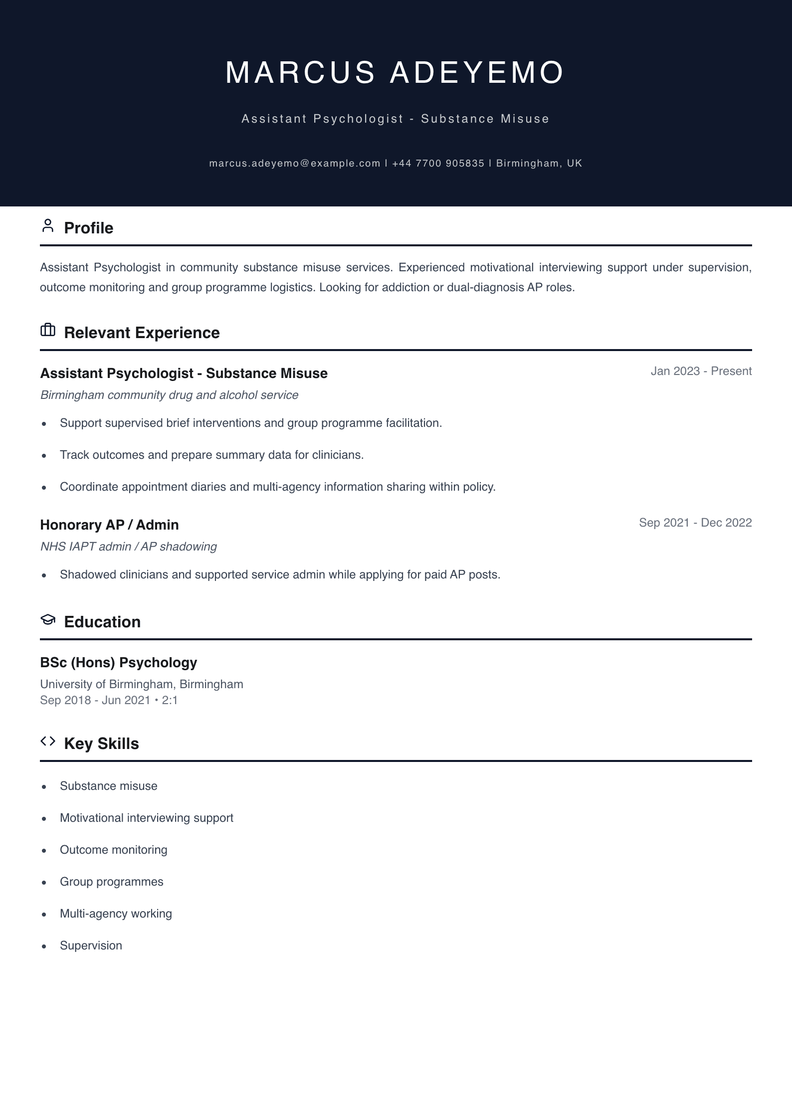 substance misuse assistant psychologist cv template