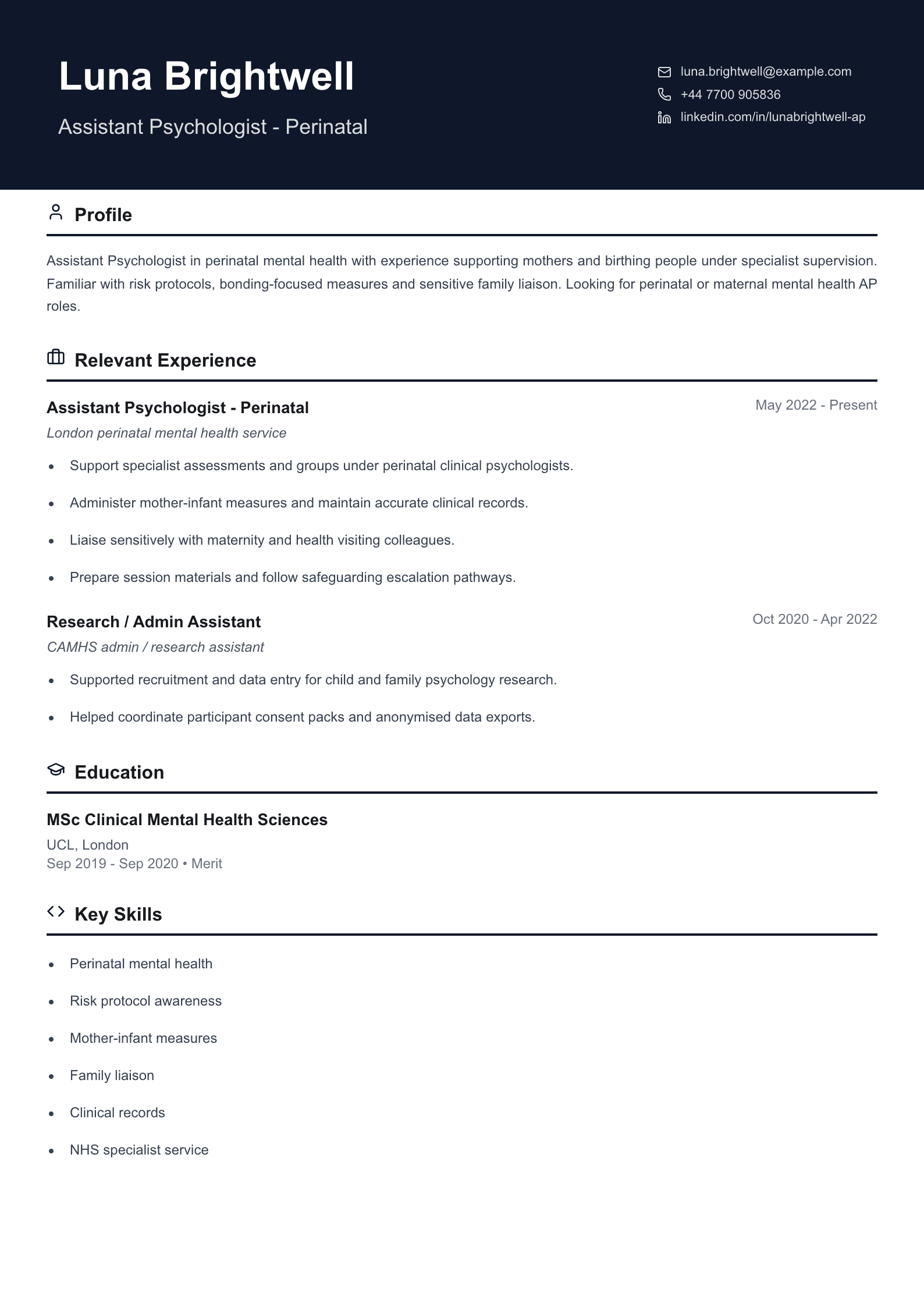 perinatal assistant psychologist cv template