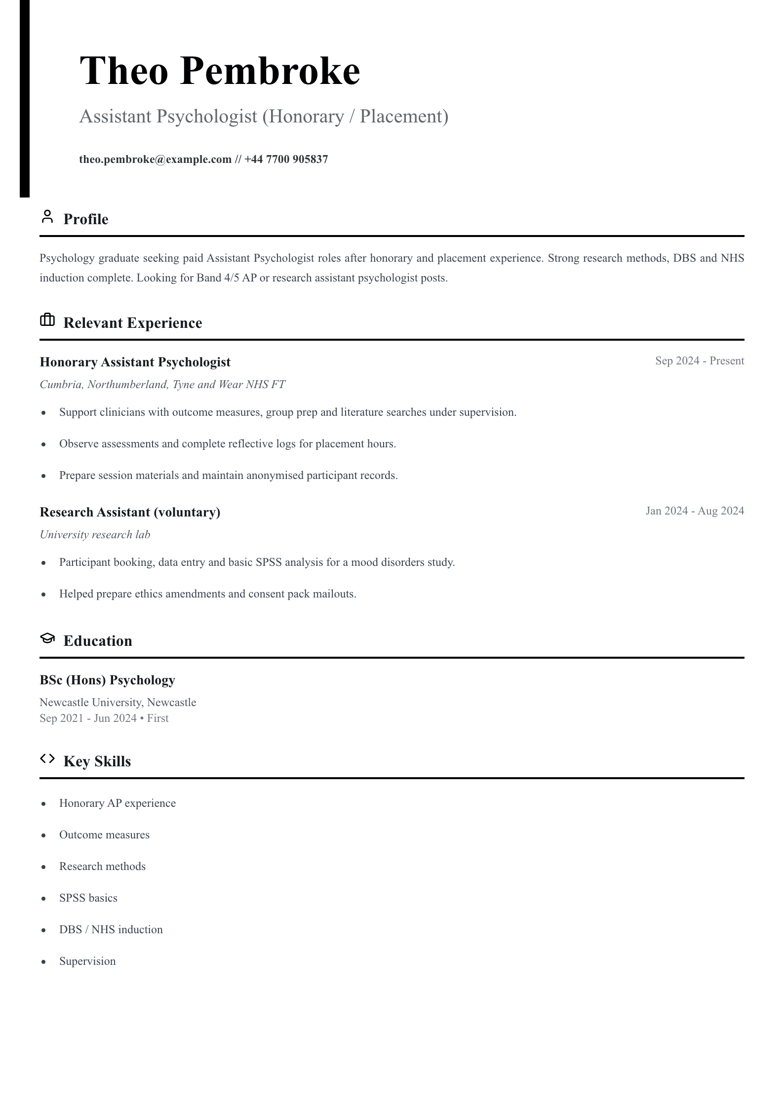 honorary placement assistant psychologist cv template